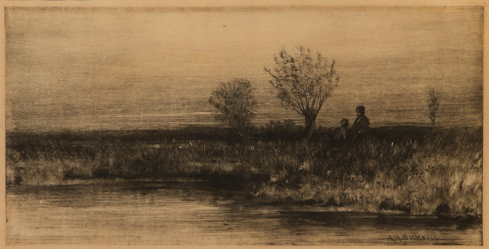 Albion Bicknell (American, 1837-1915) 'Twilight on the Marshes' Monotype: Albion Bicknell (American, 1837-1915) 'Twilight on the Marshes' Monotype c.1885, signed, monotype of two figures in a marsh, matted under acrylic in a wood frame, Frederick Baker Gallery label verso P