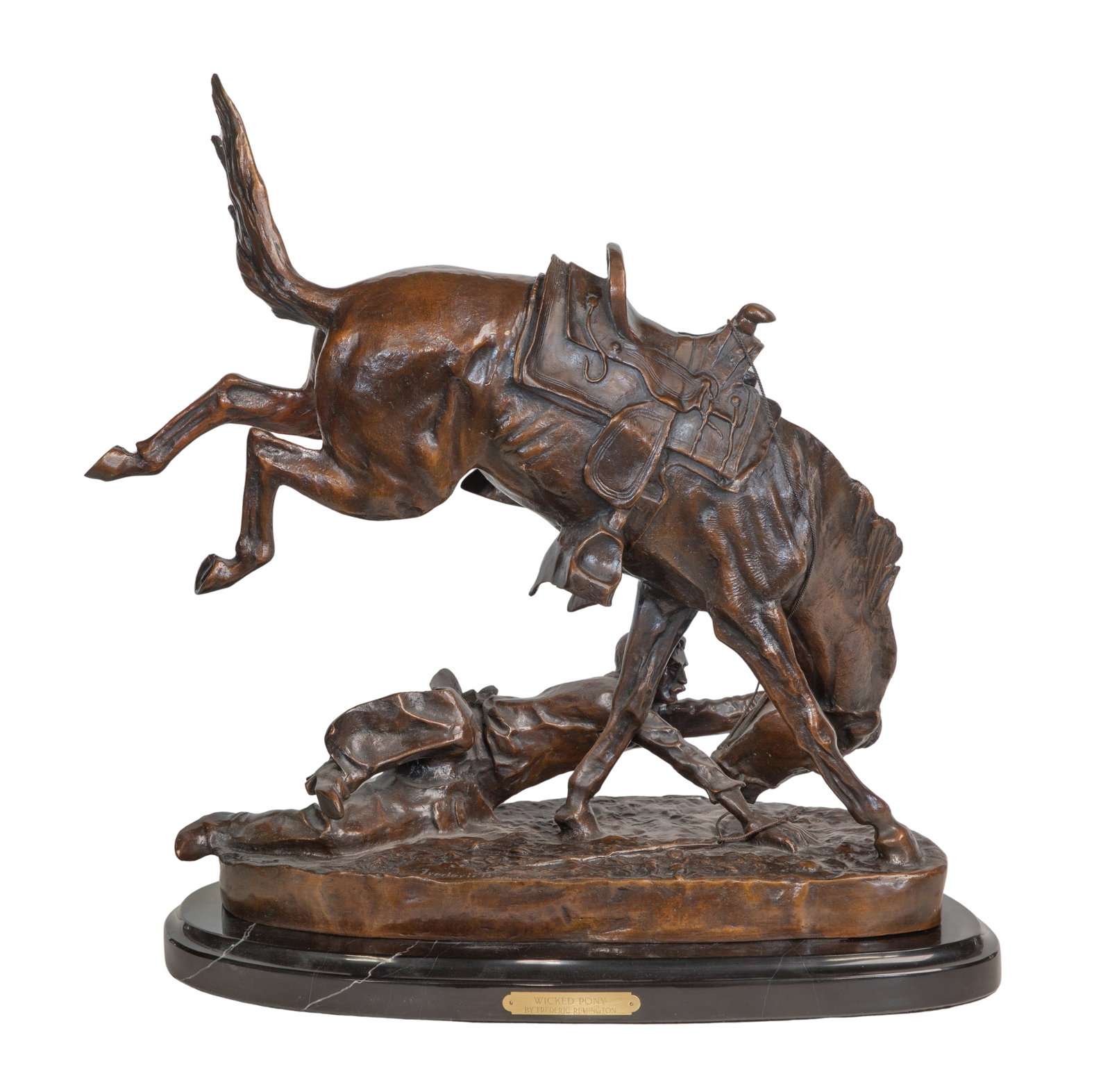 After Frederic Remington (American, 1861-1909) 'Wicked Pony' Bronze Sculpture: After Frederic Remington (American, 1861-1909) 'Wicked Pony' Bronze Sculpture Undated, cast signed, depicting a bucking, untamed bronco rearing over a cowboy, thrown to the ground, on a marble plinth
