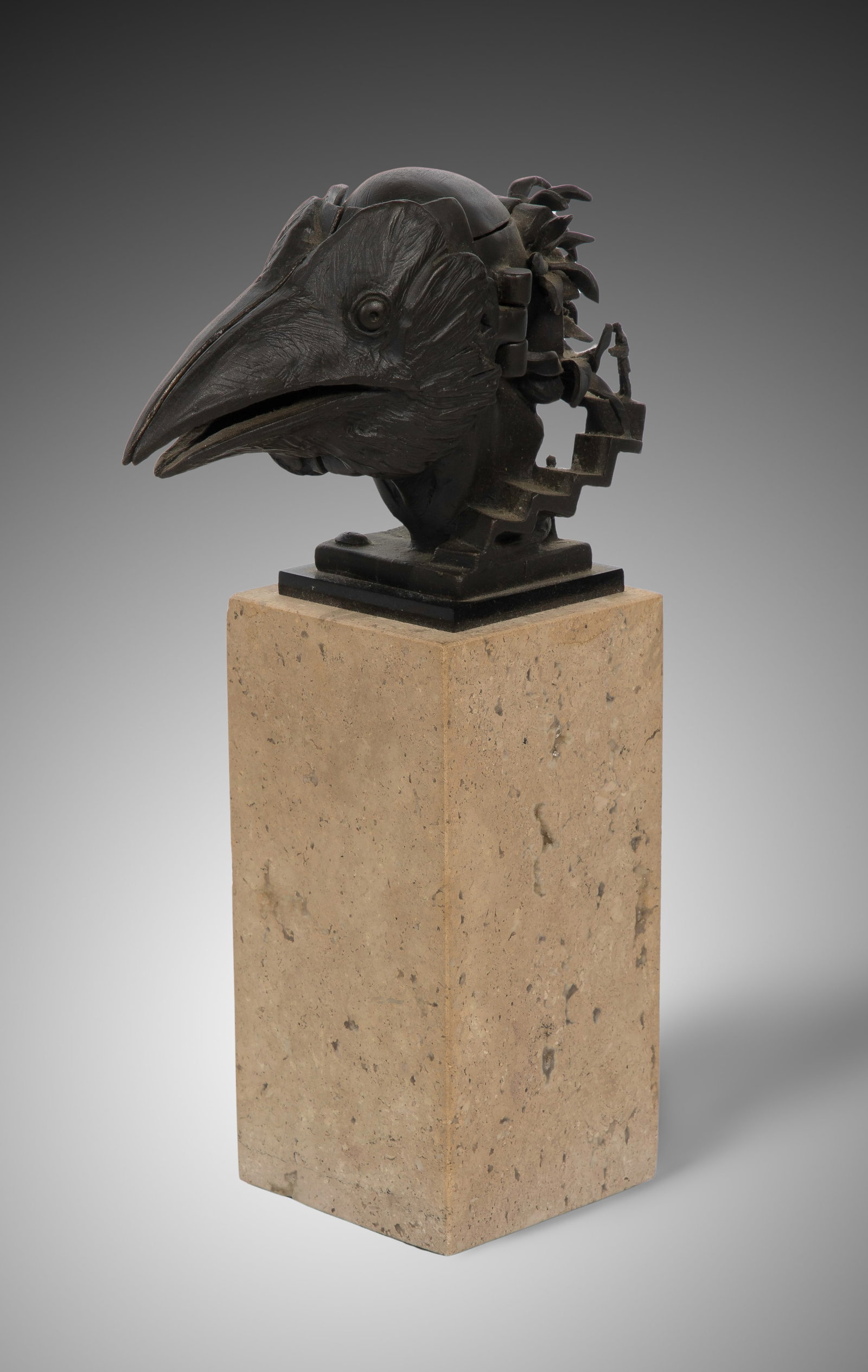 Theodore Gall (American, b.1941) Raven Head Bronze Sculpture: Theodore Gall (American, b.1941) Raven Head Bronze Sculpture Undated, cast signature left side of bronze base, articulated, having fold-out raven mask revealing a human face which lifts to reveal
