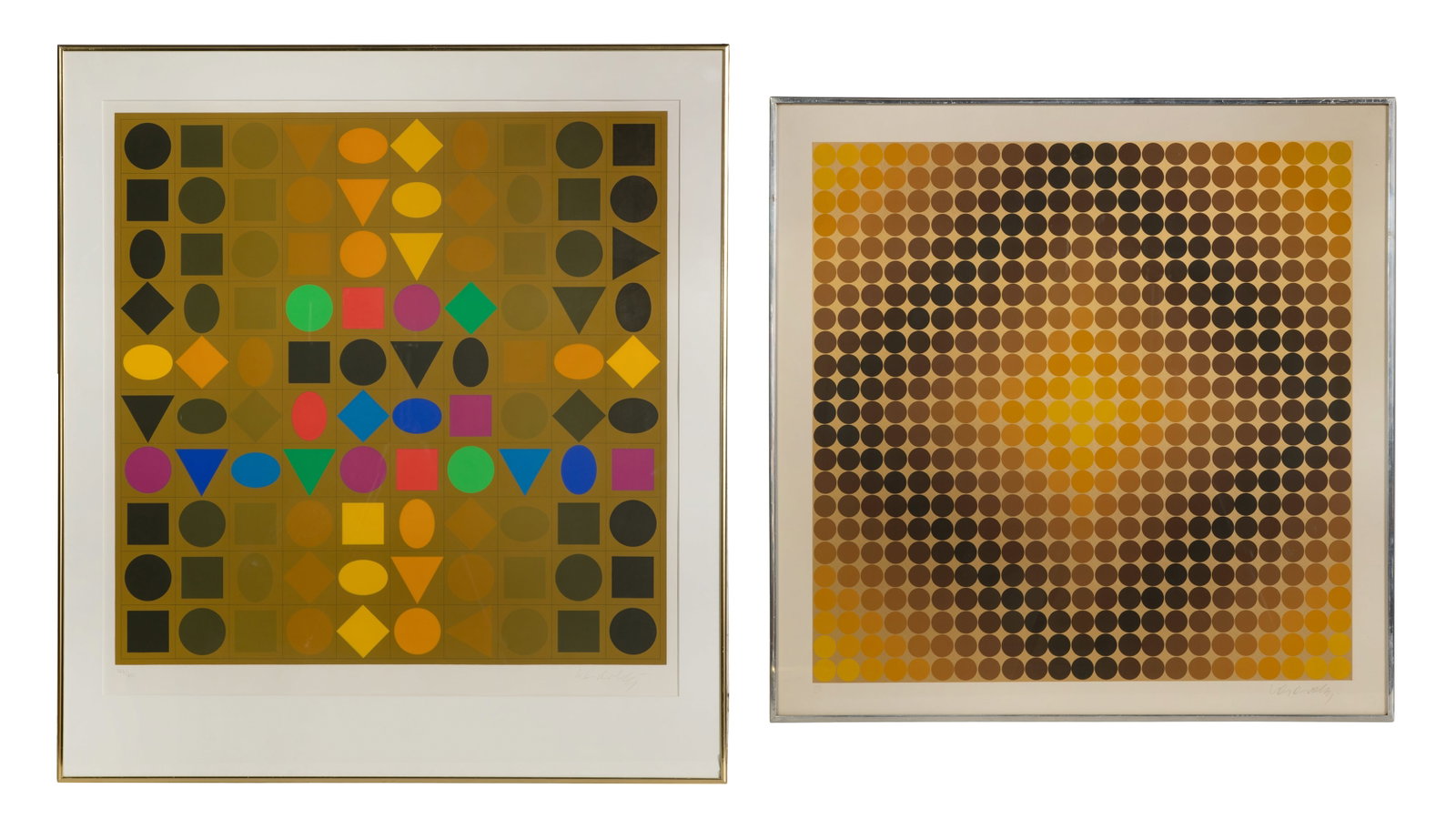 Victor Vasarely (French / Hungarian, 1906-1997) Op Art Serigraphs: Victor Vasarely (French / Hungarian, 1906-1997) Op Art Serigraphs (2) items, both pencil signed, including a 1967 'Dia Or' #179/200 depicting a grid of graduated dark and metallic gold-tone / yellow
