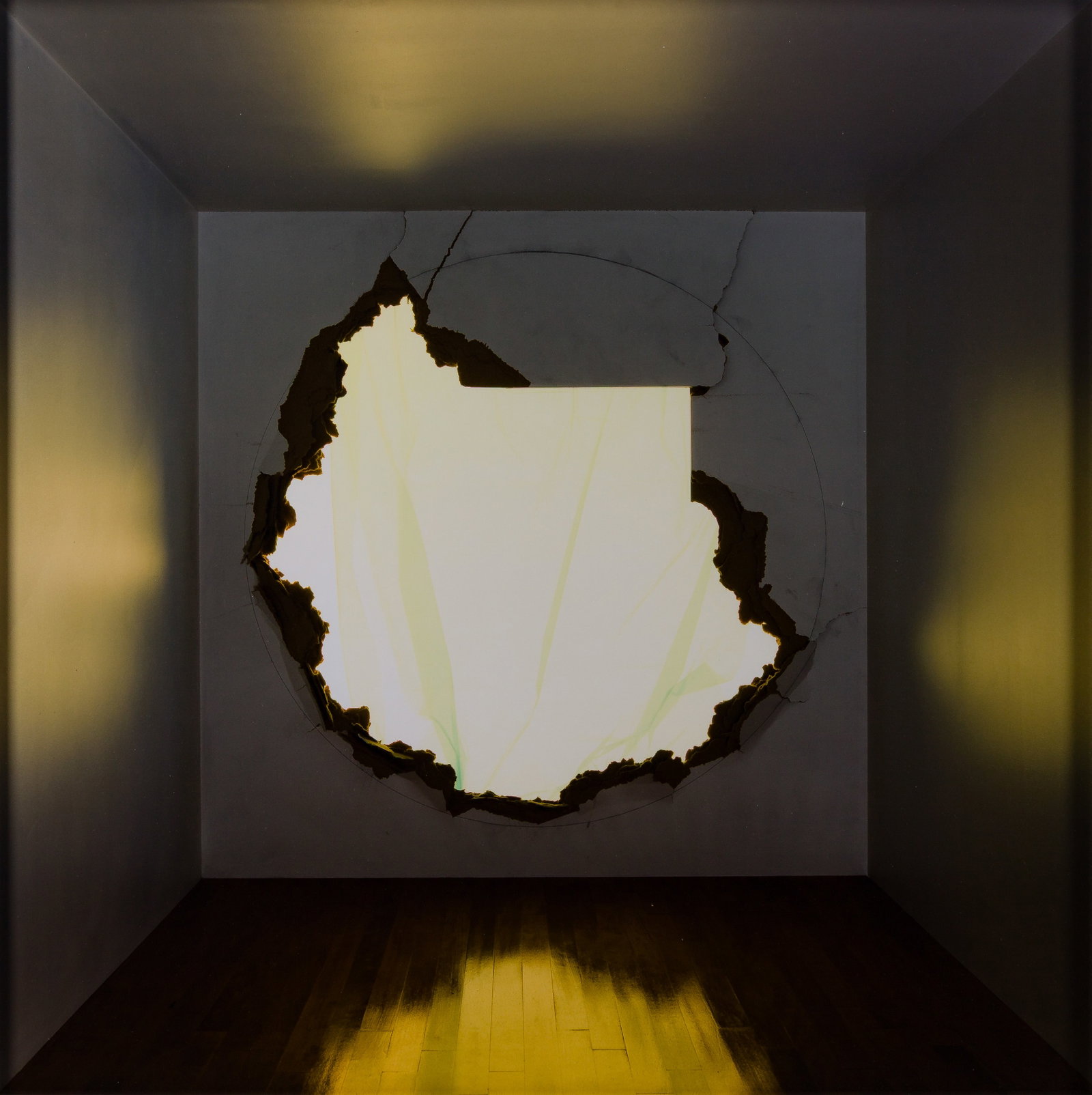 Ross Sawyers (American, b.1979) Print: Ross Sawyers (American, b.1979) Print 2011, signed verso, #2/10, constructed architectural model having an intentionally cut jagged, broken hole through the interior wall of the model to mimic the