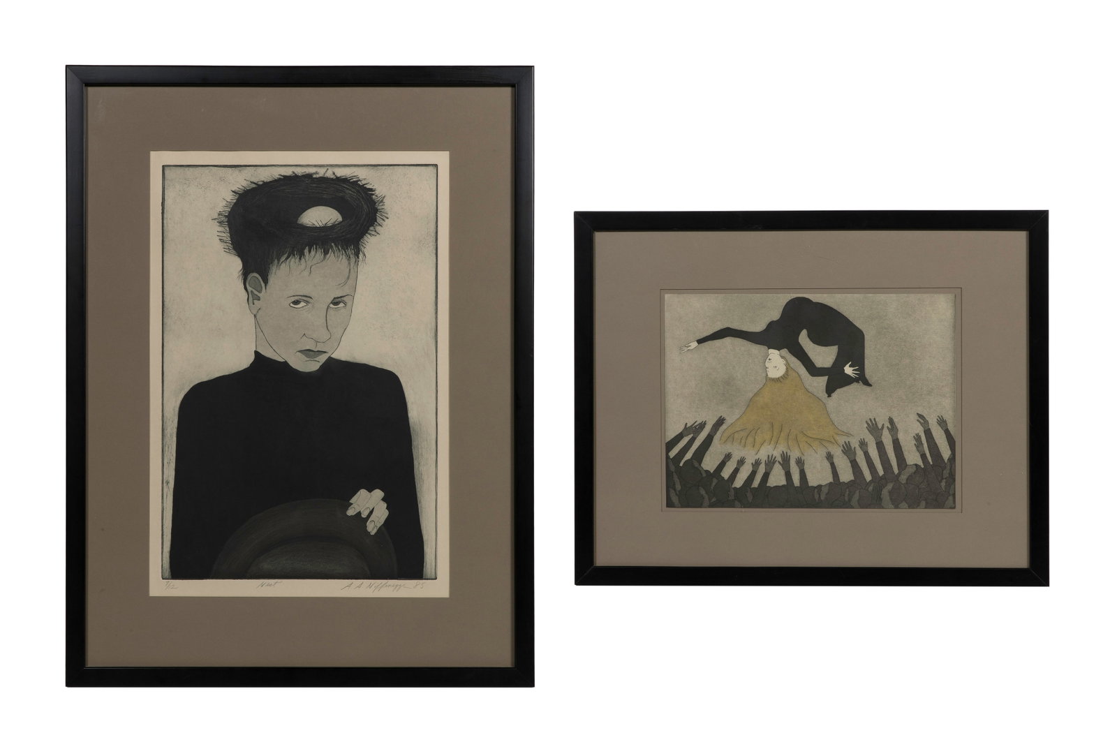 Audrey Niffenegger (American, b.1963) Etchings: Audrey Niffenegger (American, b.1963) Etchings (2) items including 1985 'Nest', pencil signed, titled, #7/12, depicting a person facing forward with a dark, nest-like shape above their head and an uns