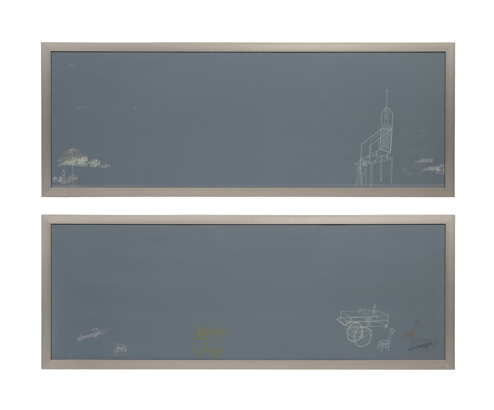 Unknown Artist (21st Century) Acrylic on Paper: Unknown Artist (21st Century) Acrylic on Paper (2) 2006 items, one illegibly signed, PA, depicting minimalist etchings / drawings using white / light-colored media on a large, horizontal blue grey sur