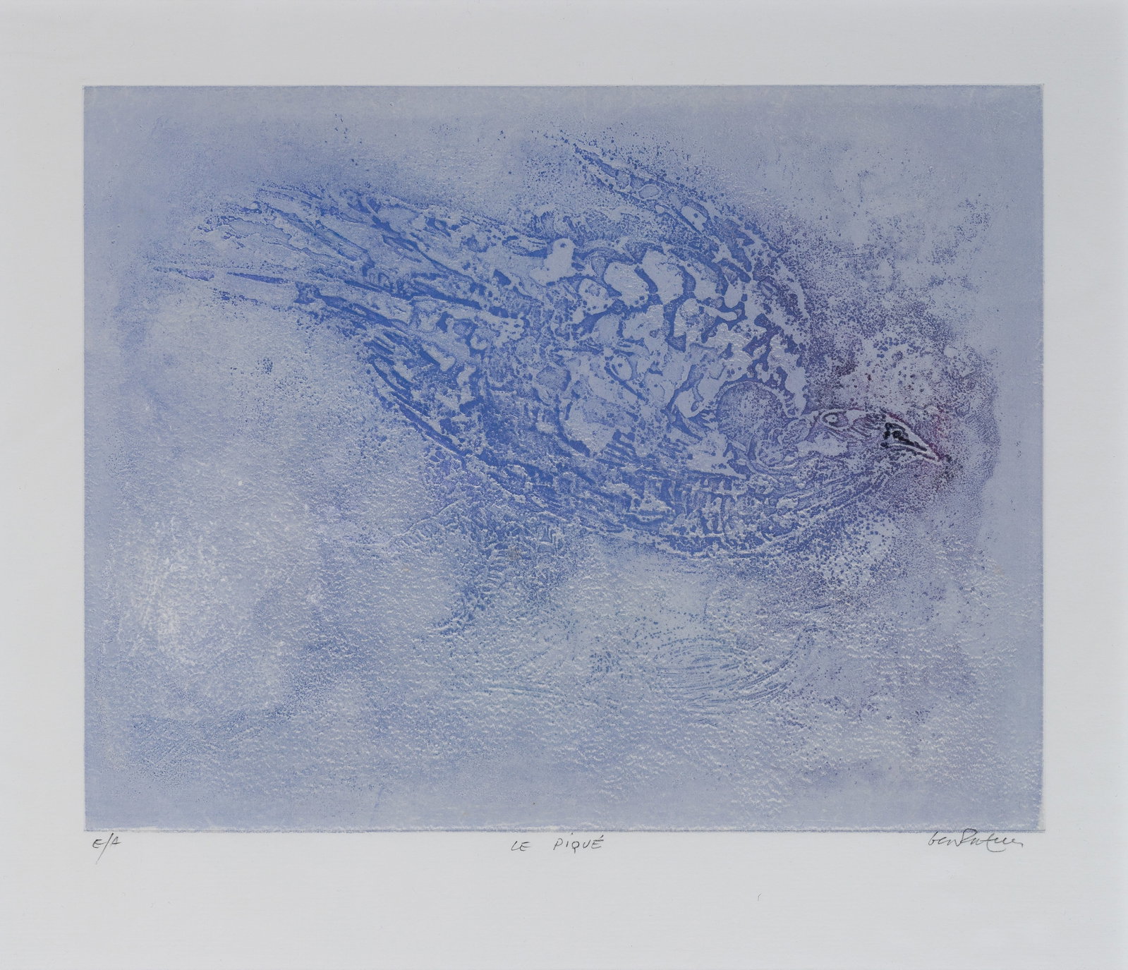 Abdallah Benanteur (Algerian, 1931-2017) 'Le Pique' Etching: Abdallah Benanteur (Algerian, 1931-2017) 'Le Pique' Etching 2000, pencil signed, titled and editioned 'EA', a depiction of a bird in hues of blue, matted under glass in a wood frame Property from: an 