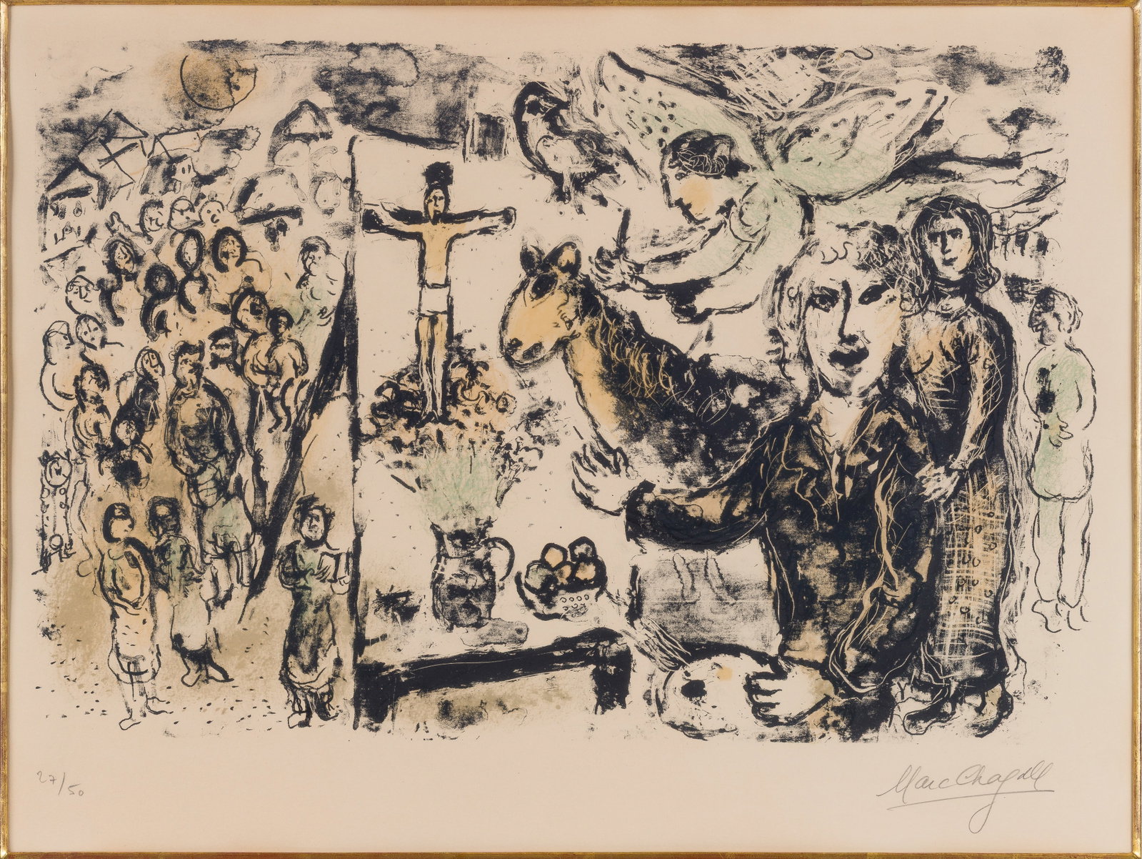 Marc Chagall (Russian / French, 1887-1985) 'L Artiste at Themes Bibliques' Lithograph: Marc Chagall (Russian / French, 1887-1985) 'L Artiste at Themes Bibliques' Lithograph 1974, pencil signed, #27/50, depicting a crucifixion surrounded by figures, linen lined gilt wood frame, receipt f
