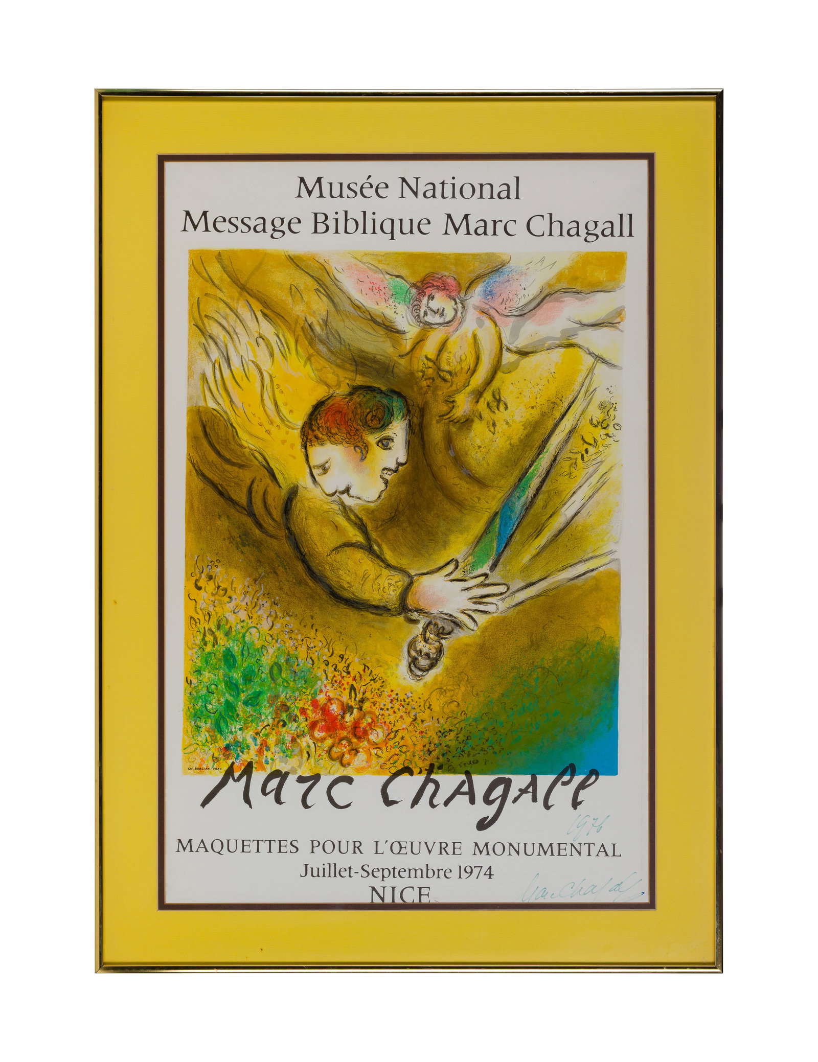 Marc Chagall (Russian / French, 1887-1985) Signed Exhibition Poster: Marc Chagall (Russian / French, 1887-1985) Signed Exhibition Poster 1976, marker signed poster for a Chagall Exhibition at the Musee National in 1974, matted under glass in a metallic frame Property f