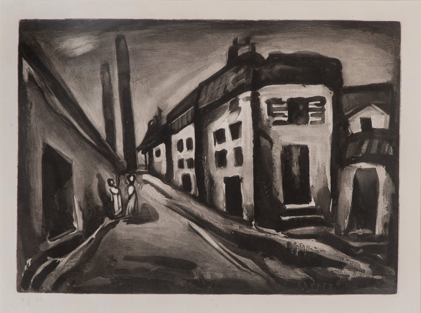 George Rouault (French, 1871-1958) 'Street of the Lonely' Etching: George Rouault (French, 1871-1958) 'Street of the Lonely' Etching 1930, printed signature and date in image, pencil 'MJ 23' in lower margin, matted behind acrylic in a gold-tone wood frame Property fr