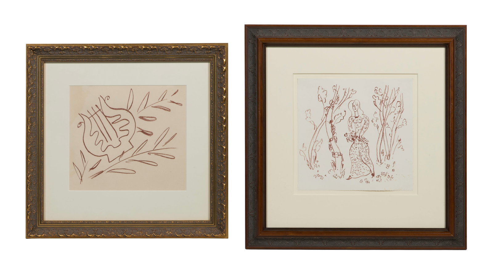 After Henri Matisse (French, 1869-1954) Lithographs: After Henri Matisse (French, 1869-1954) Lithographs (2) unsigned items, from the 1948 'Florilege des Amours de Ronsard' portfolio, including a depiction of a lyre matted behind glass in a gold-tone co