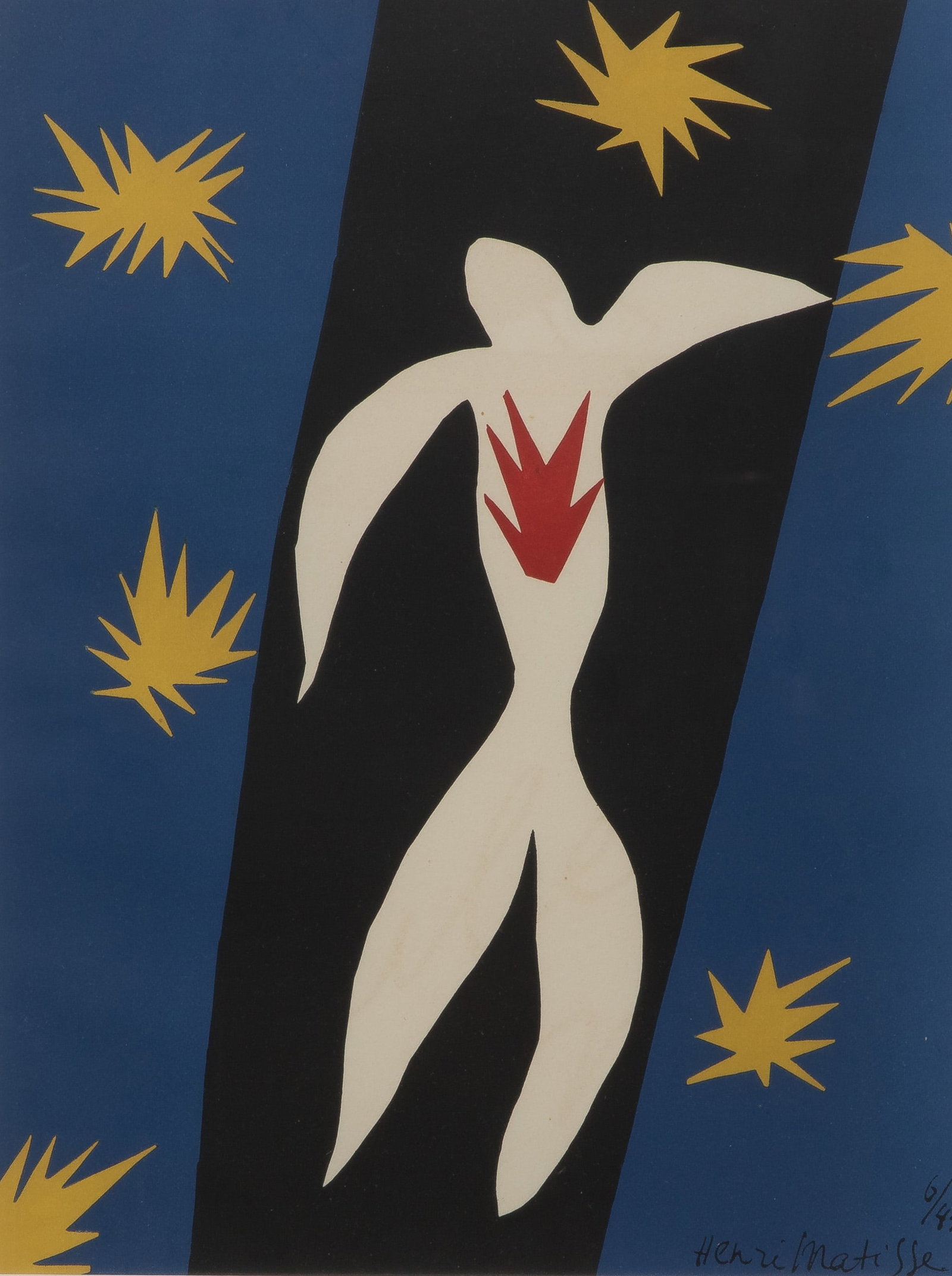Henri Matisse (French, 1869-1954) 'La Chute d'Icare' Lithograph: Henri Matisse (French, 1869-1954) 'La Chute d'Icare' Lithograph Printed signature and date, published in the magazine 'Verve' No. 13, 1945, matted behind glass in a wood frame Property from: an Estate