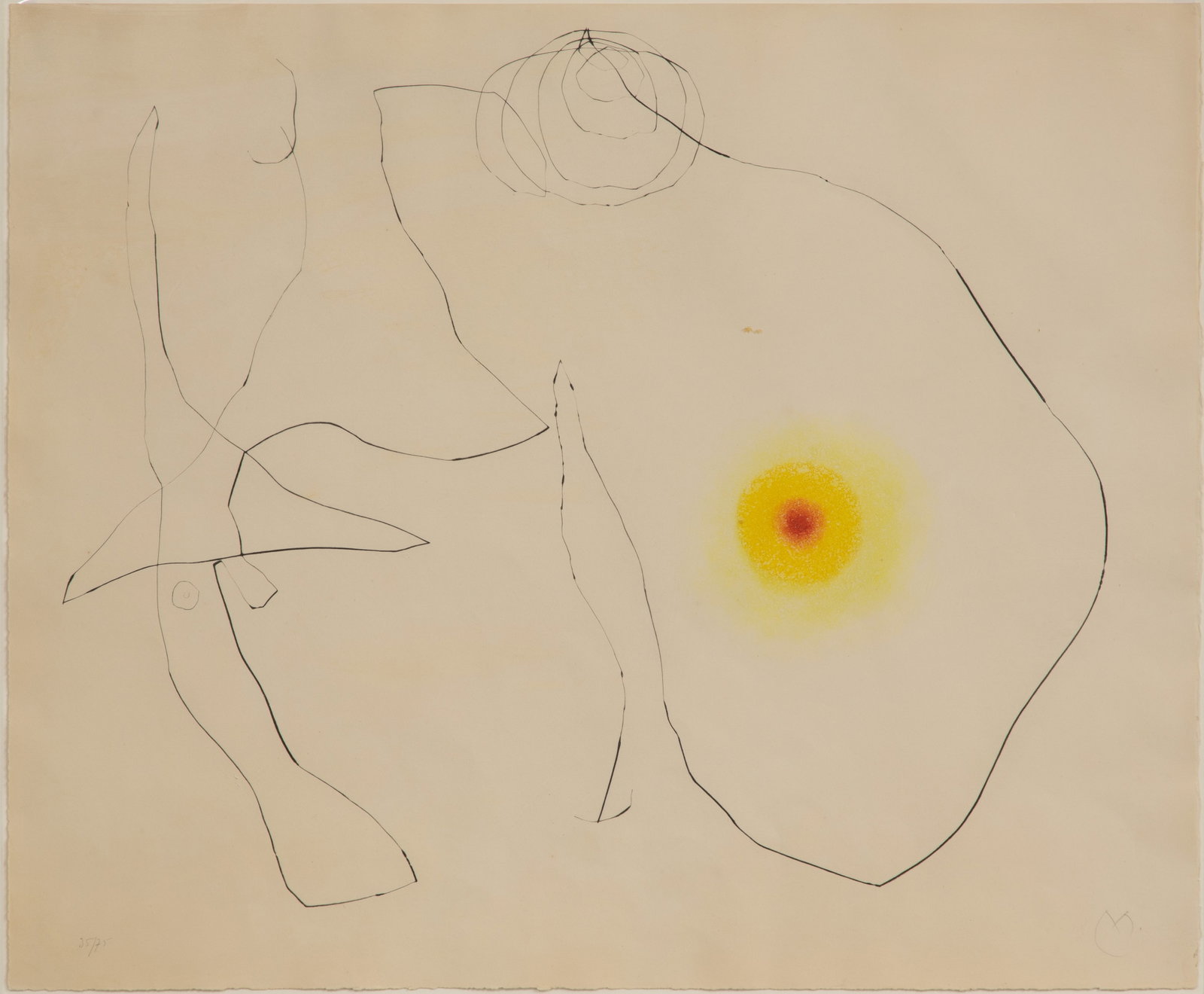 Joan Miro (Spanish, 1893-1983) 'Flux de l'Aimant VI' Drypoint and Aquatint: Joan Miro (Spanish, 1893-1983) 'Flux de l'Aimant VI' Drypoint and Aquatint 1964, pencil initialed and #25/75, from a portfolio published by Atelier Maeght, float mounted within mat behind acrylic in a