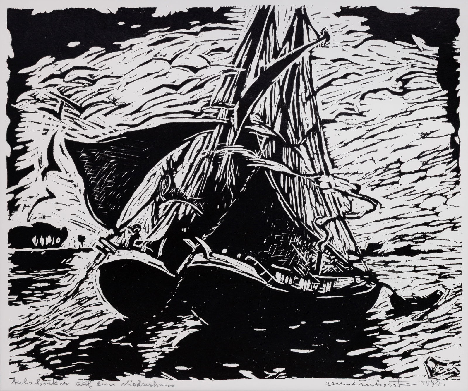 Bernd Terhorst (German, 1893-1986) 'Aalboote auf dem Niederrhein' Linocut: Bernd Terhorst (German, 1893-1986) 'Aalboote auf dem Niederrhein' Linocut 1977, signed, title translated as 'Eel Boats on the Lower Rhine', a black and white depiction of a sailboat, matted under glas