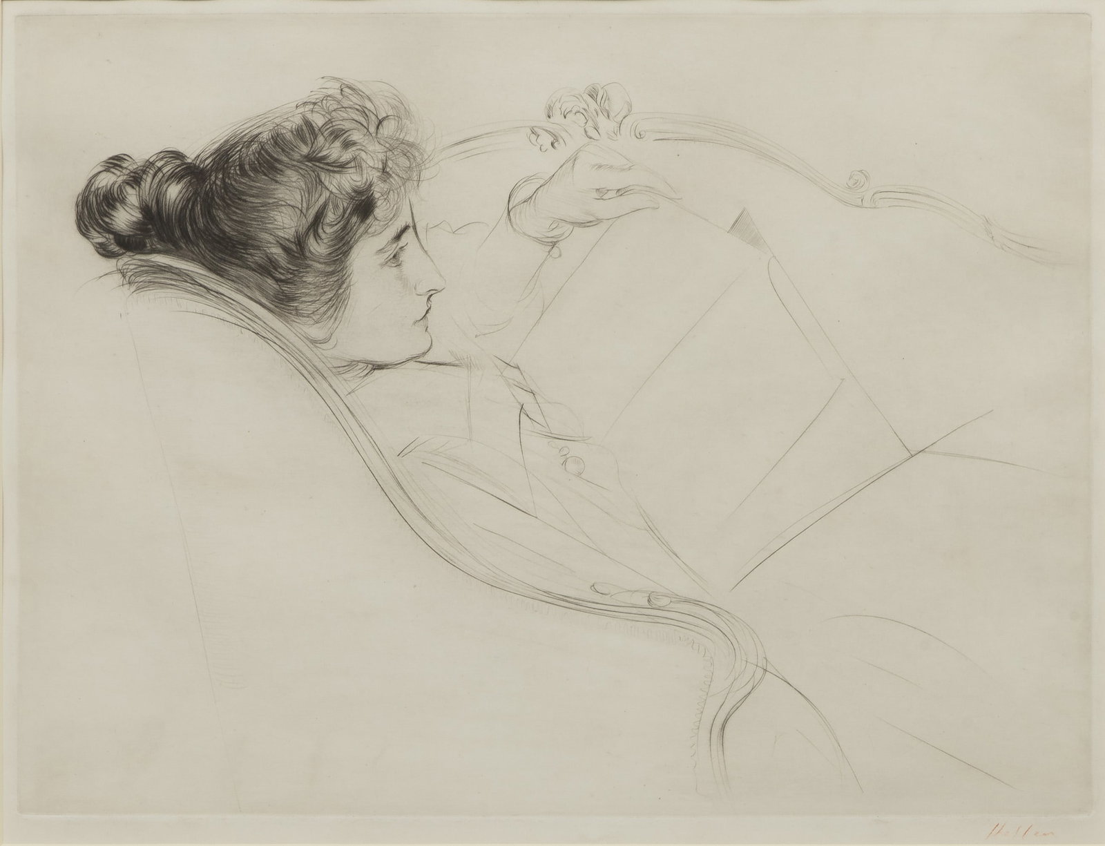 Paul Cesar Helleu (French, 1859-1927) 'Liseuse Au Profil Grec' Drypoint Etching: Paul Cesar Helleu (French, 1859-1927) 'Liseuse Au Profil Grec' Drypoint Etching 1900, signed in red crayon, depicting a reclining woman in profile, reading, matted behind glass in a gold-tone composit