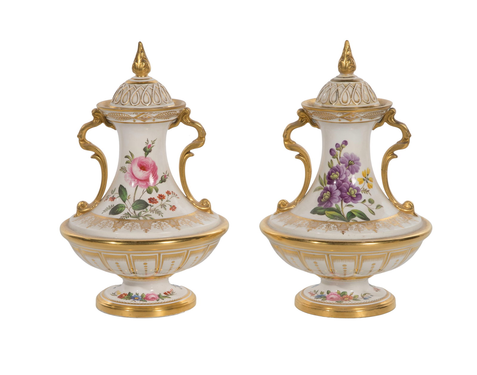 Copeland Spode Porcelain Urns: Copeland Spode Porcelain Urns A pair of lidded 2-handled vessels having multicolor enamel and gilt decoration, marked 'Copelands China / England' and gilt marked 'Spode / B' underside Property from: a