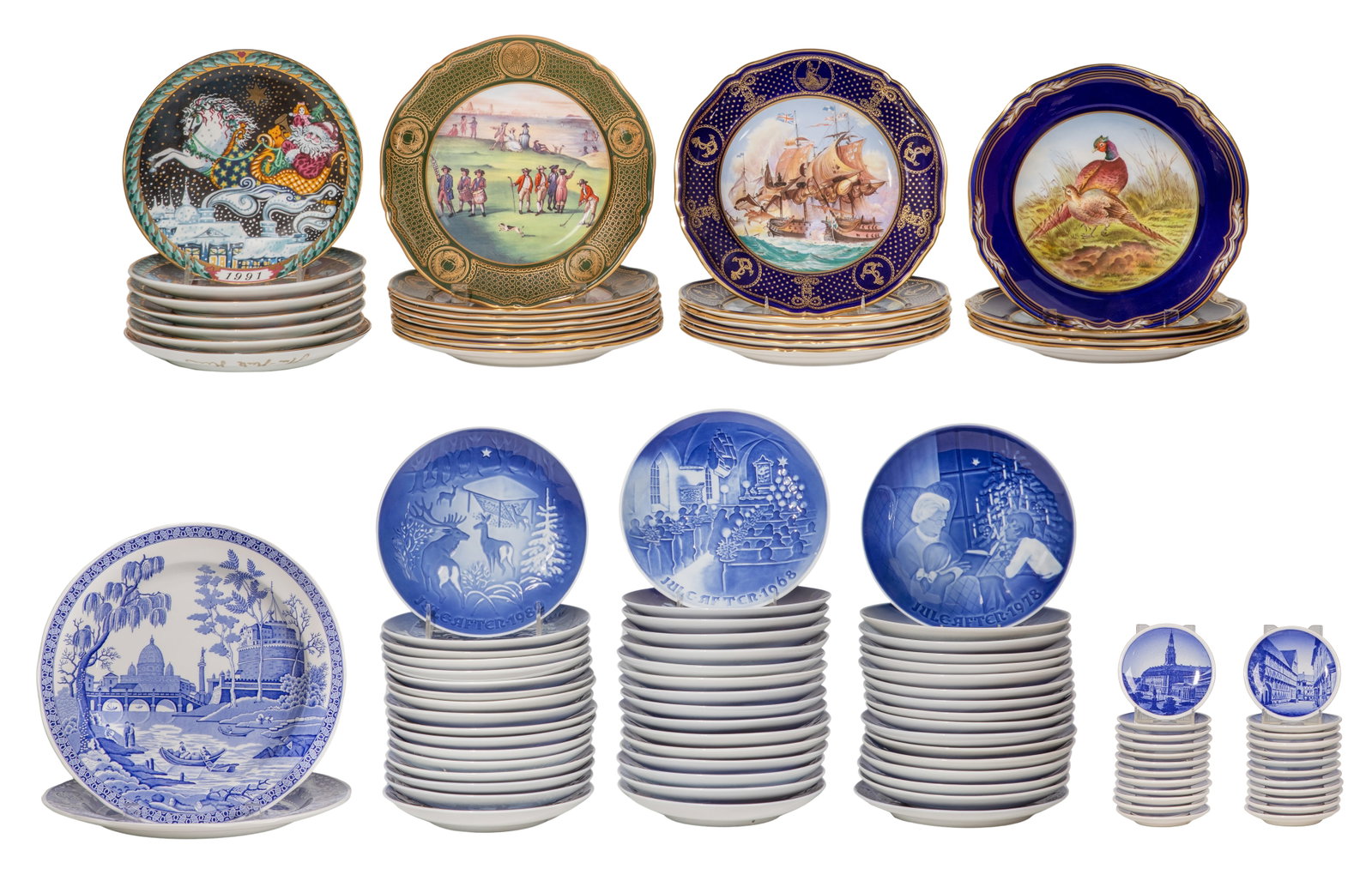 Collector Plate Assortment: Collector Plate Assortment Approximately (100) items including The Antique Golf Series, The Maritime England Plates, The Game Birds series and blue Italian dinner plates, all by Spode, the Santa