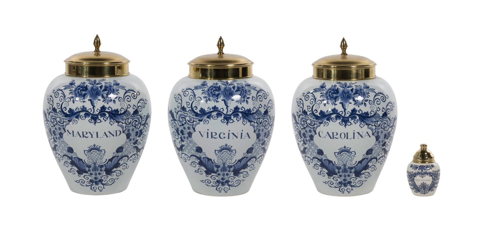 OUD Delft Covered Tobacco Jar Assortment: OUD Delft Covered Tobacco Jar Assortment (4) total items, covered reproduction tobacco jars in hand-painted tin-glazed earthenware, traditional colonial Virginia, Maryland and Carolina, in classic blu