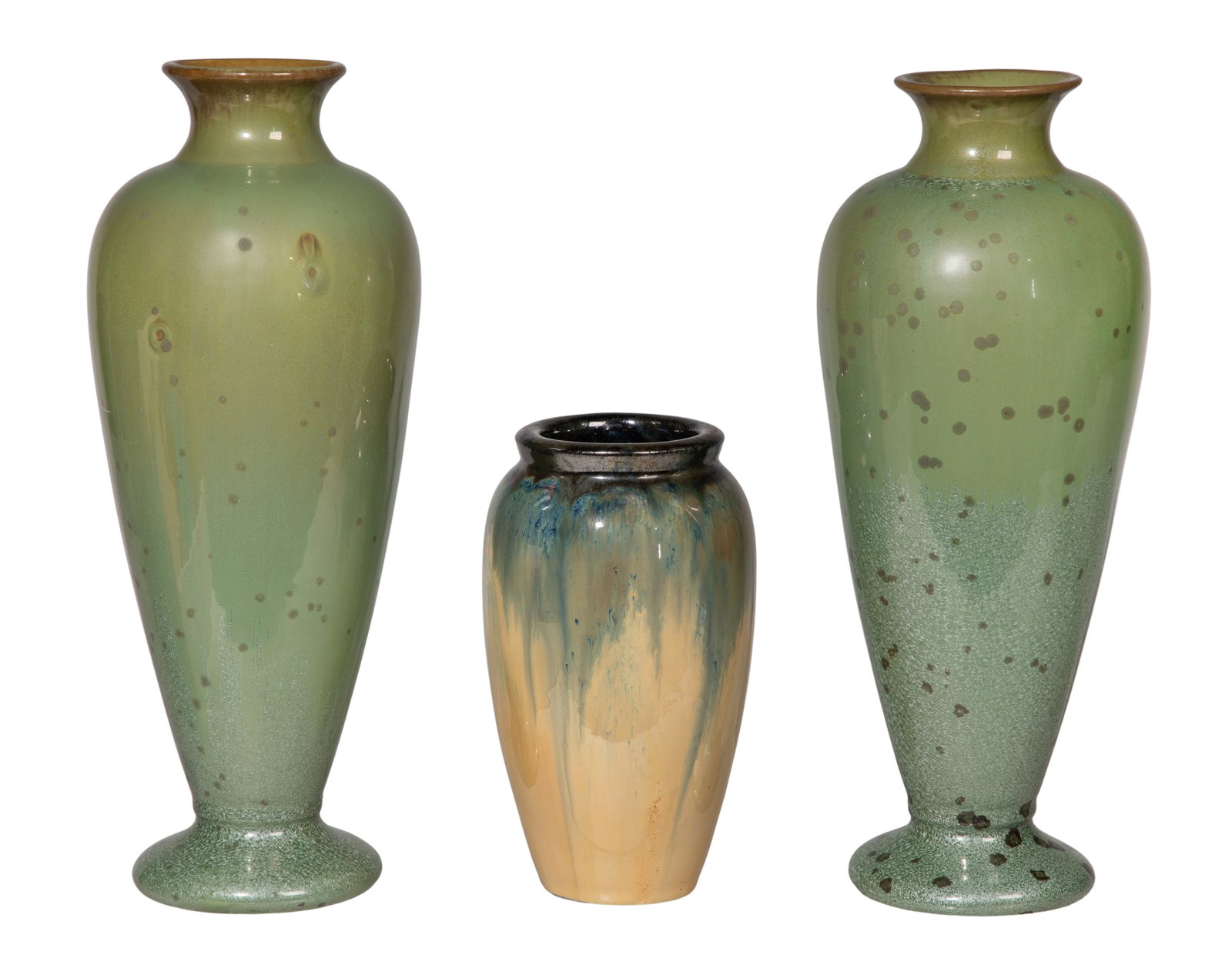 Fulper Pottery Assortment: Fulper Pottery Assortment (3) items including (2) tall amphora-form vases having variations of a crystalline or speckled green flambé glaze as well as an ovoid vase having a multi-colored drip flambe