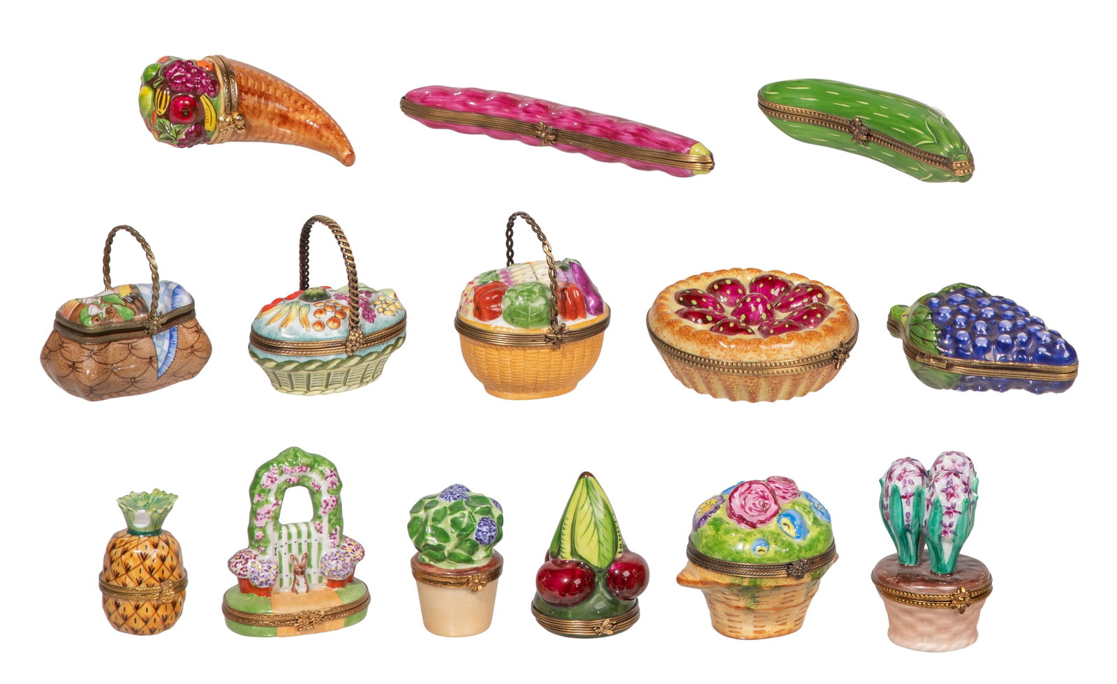 Limoges Trinket Box Assortment: Limoges Trinket Box Assortment (14) items including baskets, fruits, vegetables, flowers and a pie, all marked Property from: a Private Collector, Wheaton, Illinois Height: 1 1/8 inches, Diameter: 3 1