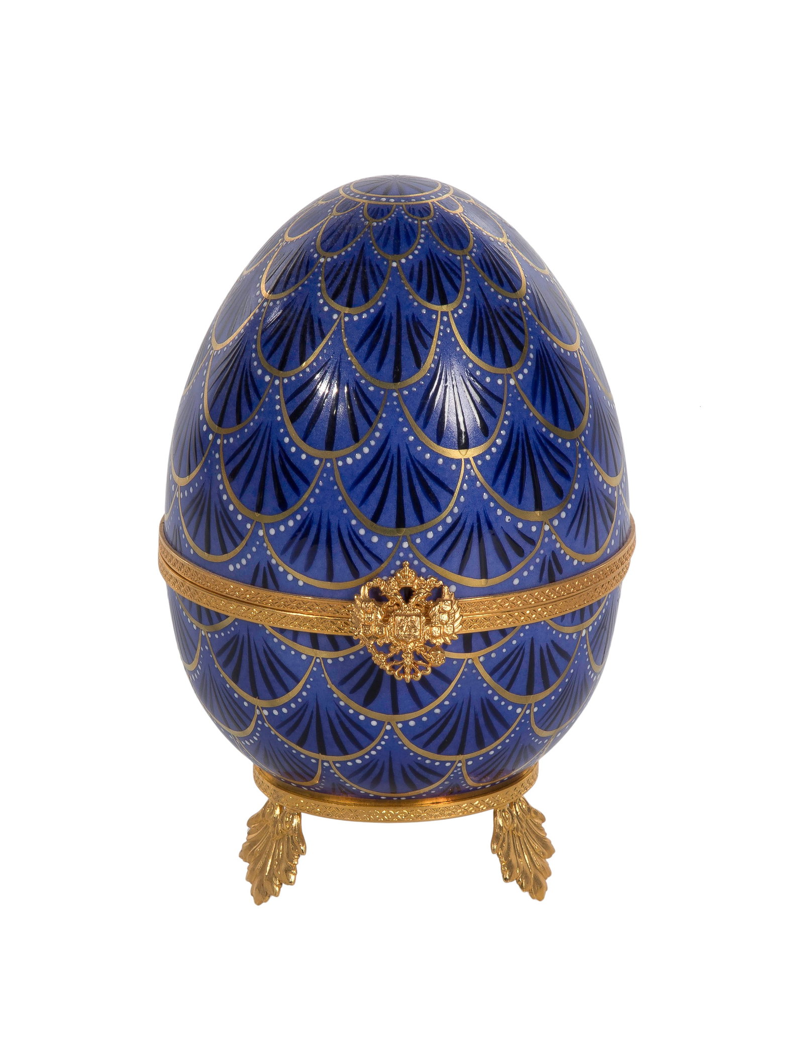 Modern Limoges Imperial Faberge Musical Pinecone Egg: Modern Limoges Imperial Faberge Musical Pinecone Egg After Faberge's 1900 original, hand enameled porcelain having gilt brass fittings, opening at widest point to reveal a rock crystal elephant that