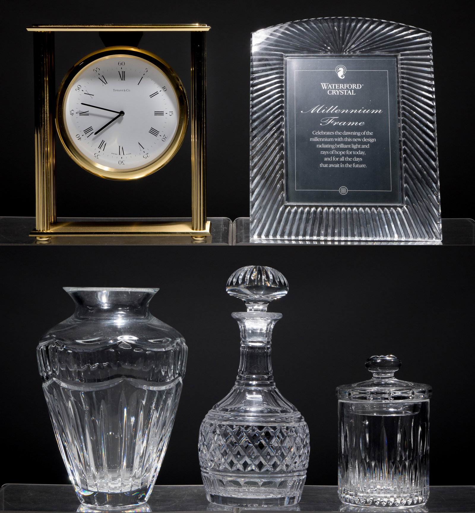 Crystal Assortment: Crystal Assortment (5) total items including a marked Waterford Pompeii vase and picture frame, a marked Marquis by Waterford lidded jar and an unmarked decanter; together with a marked Tiffany & Co b