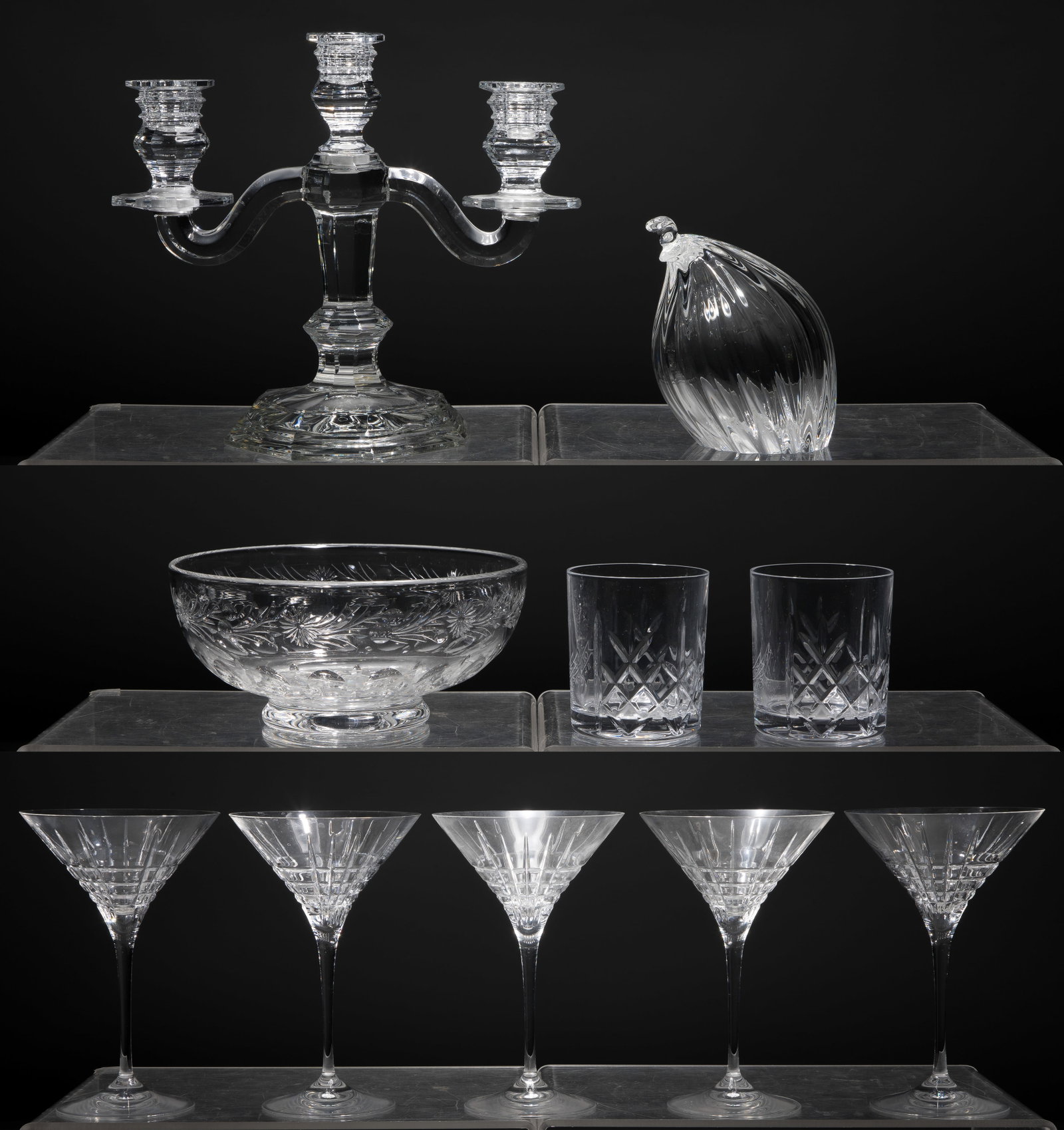 Crystal Assortment: Crystal Assortment (10) items including (5) martini glasses marked Tiffany & Co., a marked Baccarat candelabra, a boxed pair of marked Burns double old fashioned glasses etched 'St. Andrews Old