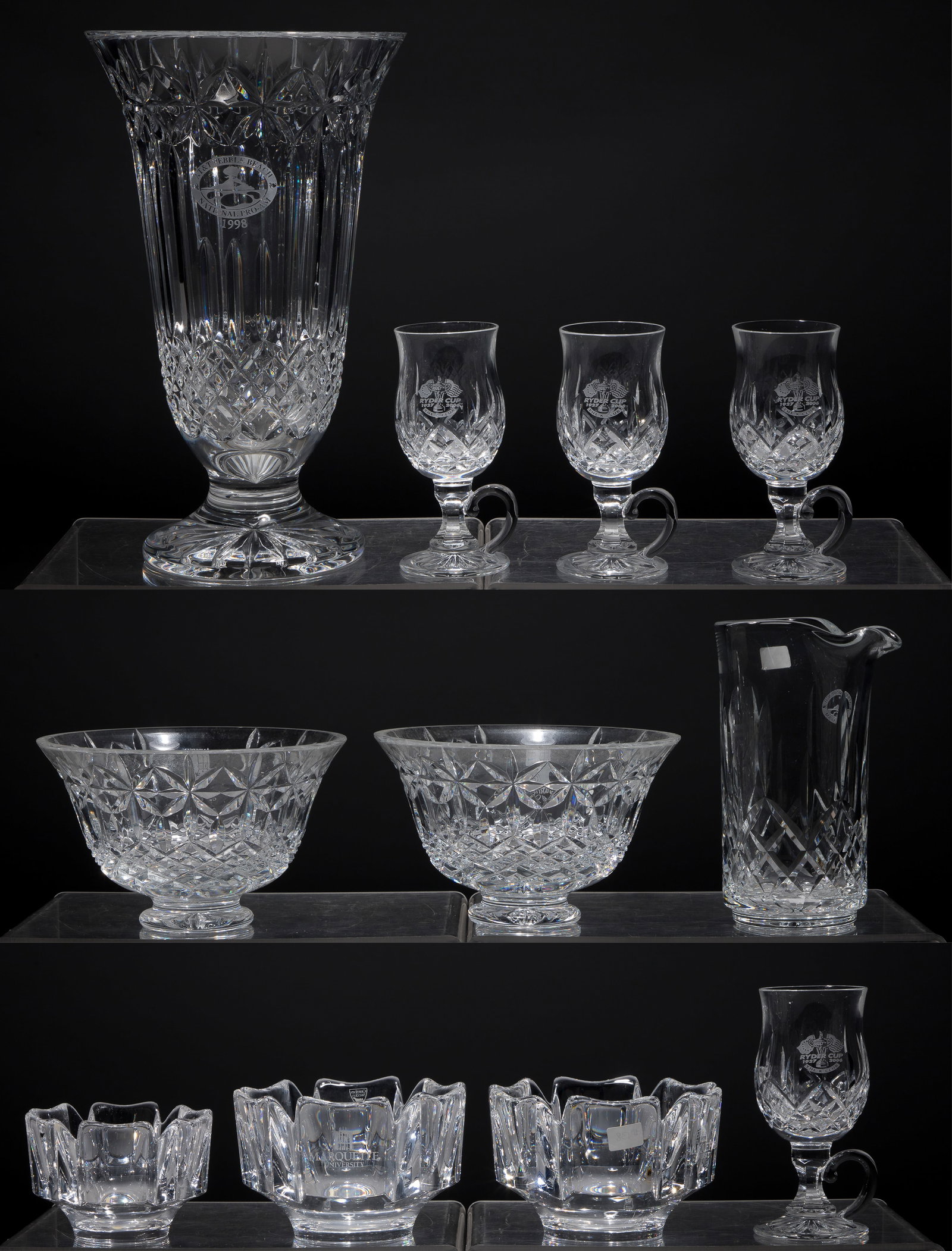 Golf Commemorative Crystal Assortment: Golf Commemorative Crystal Assortment (11) items of various shapes, sizes and makers such as Waterford, Orrefors, from various courses and tournaments including The Ryder Cup, Pebble Beach Pro-Am,