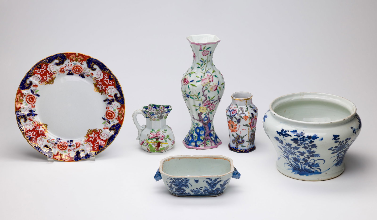 English Chinoiserie Pottery Assortment: English Chinoiserie Pottery Assortment (6) items including a 10.25-inch plate, a vase and a small pitcher having multi-color enamel decoration and Mason's Ironstone marks underside as well as an ename