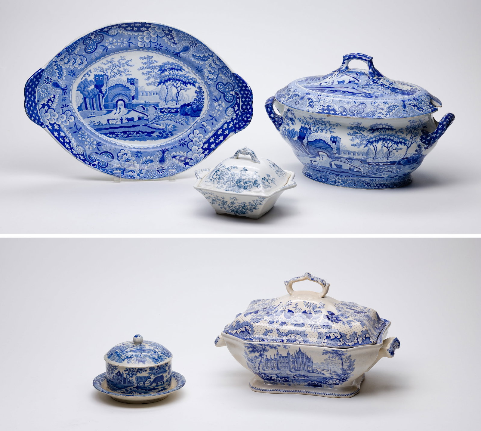 Blue and White Porcelain Assortment: Blue and White Porcelain Assortment (5) transferware items in various shapes, sizes and makers including a platter, lidded tureens and vegetable bowls, some marked on underside Property from: a Privat