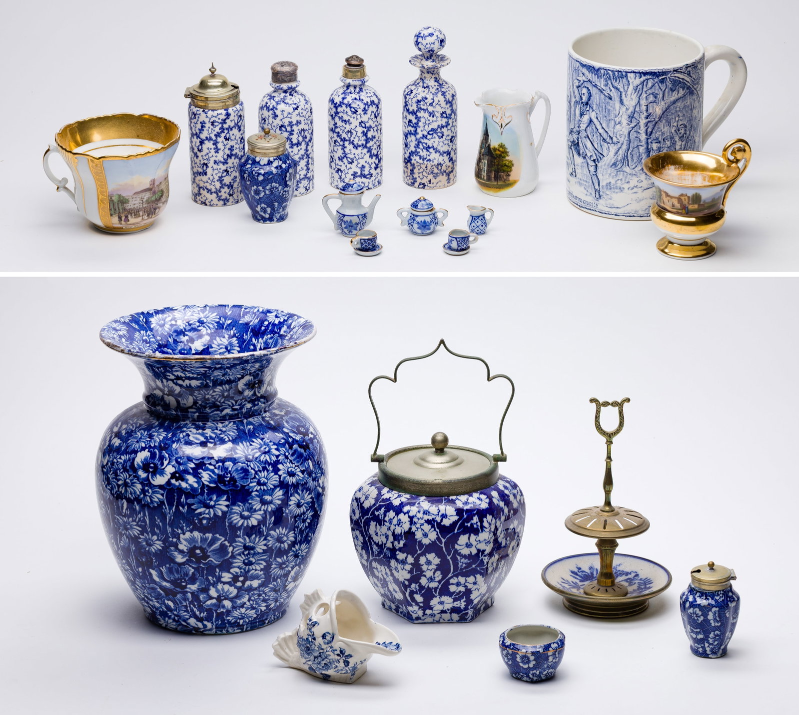 Blue and White Porcelain Assortment: Blue and White Porcelain Assortment (20) items of transferware porcelain including jars, canisters, vases and miniature sets, having floral or scenic patterns, some pieces featuring decorative metal