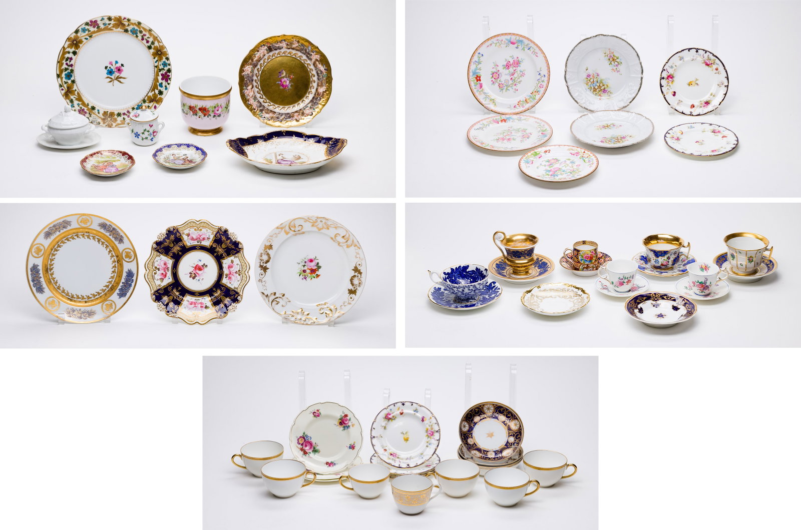 Continental Porcelain Assortment: Continental Porcelain Assortment Approximately (45) items including teacups, saucers and plates in the style of K.P.M., Dresden and Copeland Mecklenburg having floral motifs, cobalt blue and gilt,