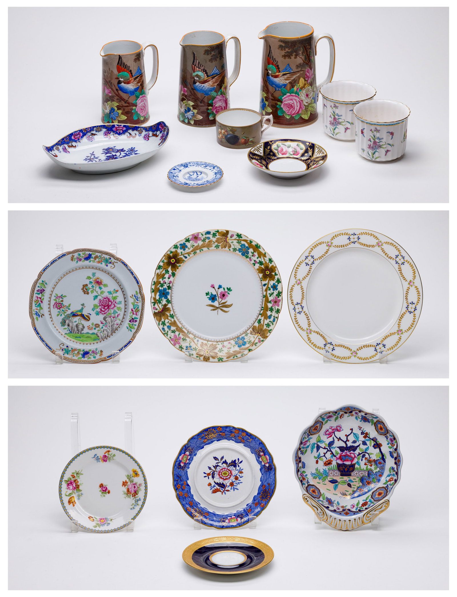 Porcelain Assortment: Porcelain Assortment (16) English and Continental items including hand painted pitchers, teacups, saucers and decorative display plates, having intricate floral patterns, Chinoiserie accents and botan
