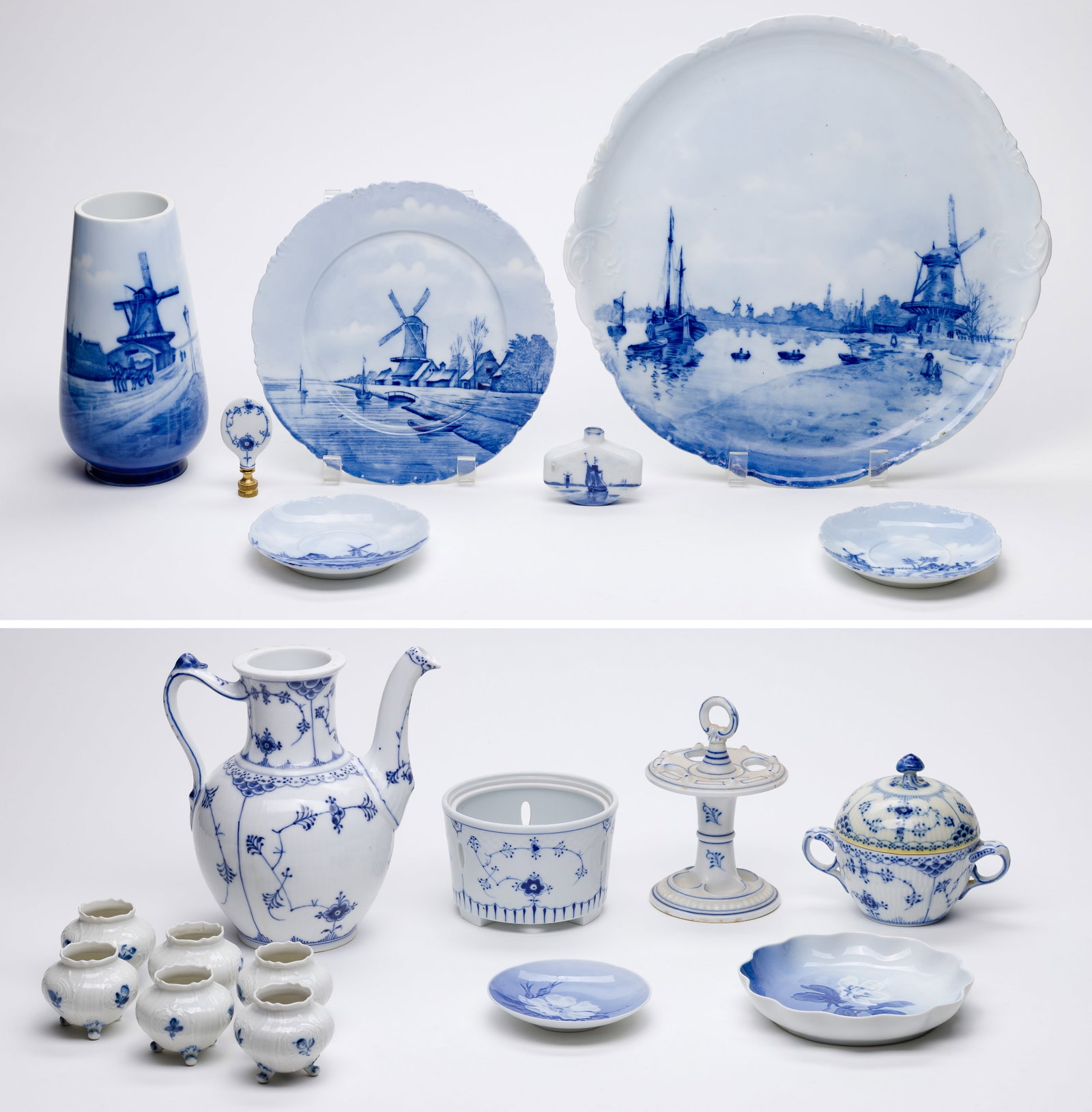Danish Blue and White Porcelain Assortment: Danish Blue and White Porcelain Assortment (19) items including various pieces in the Royal Copenhagen Onion pattern, Rosenthal, Royal Delft, such as plates, a pitcher, bowls, a lidded bowl, a toothbr