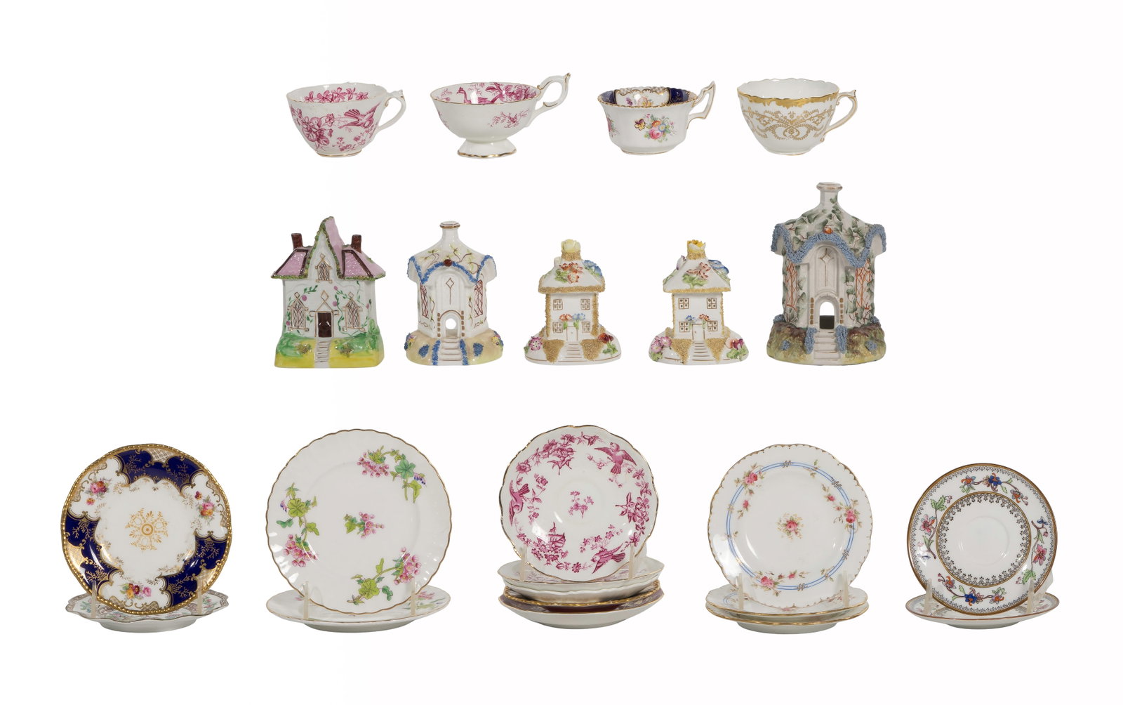Coalport Porcelain Assortment: Coalport Porcelain Assortment (23) items including (5) miniature buildings, (7) small plates, (4) teacups and (7) saucers of various patterns, all having marks underside Property from: a Private Colle