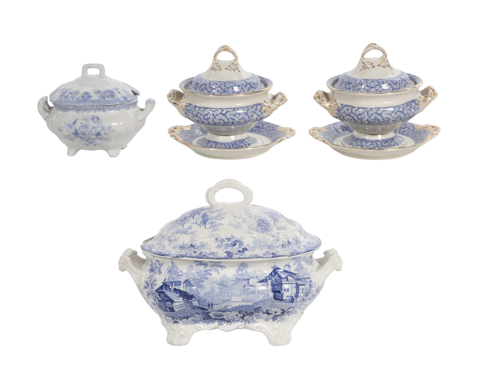 Continental Porcelain Assortment: Continental Porcelain Assortment (4) blue and white transferware covered tureens and matching underplates, having scenic and floral patterns, some marked 'Ashworth Bros' Property from: a Private