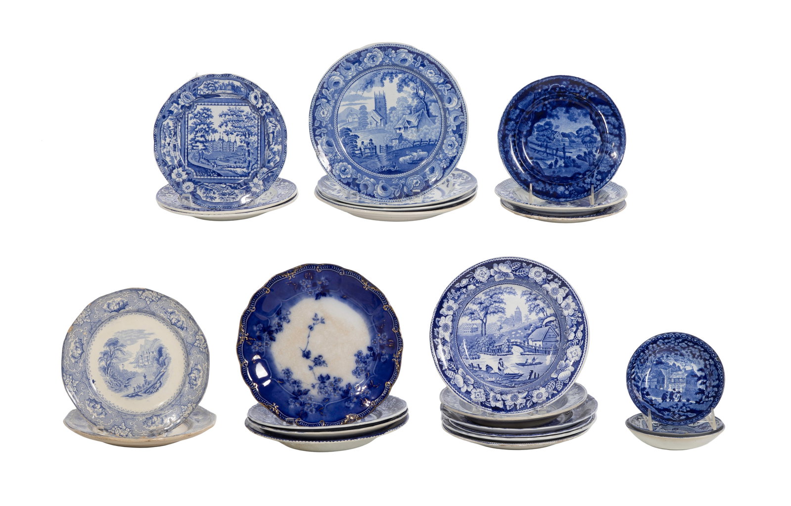 Continental Porcelain Assortment: Continental Porcelain Assortment Approximately (25) items including bowls, cabinet plates, wall plates, all in a blue and white glaze, some flow blue, some marked on backside by makers such as R & M,