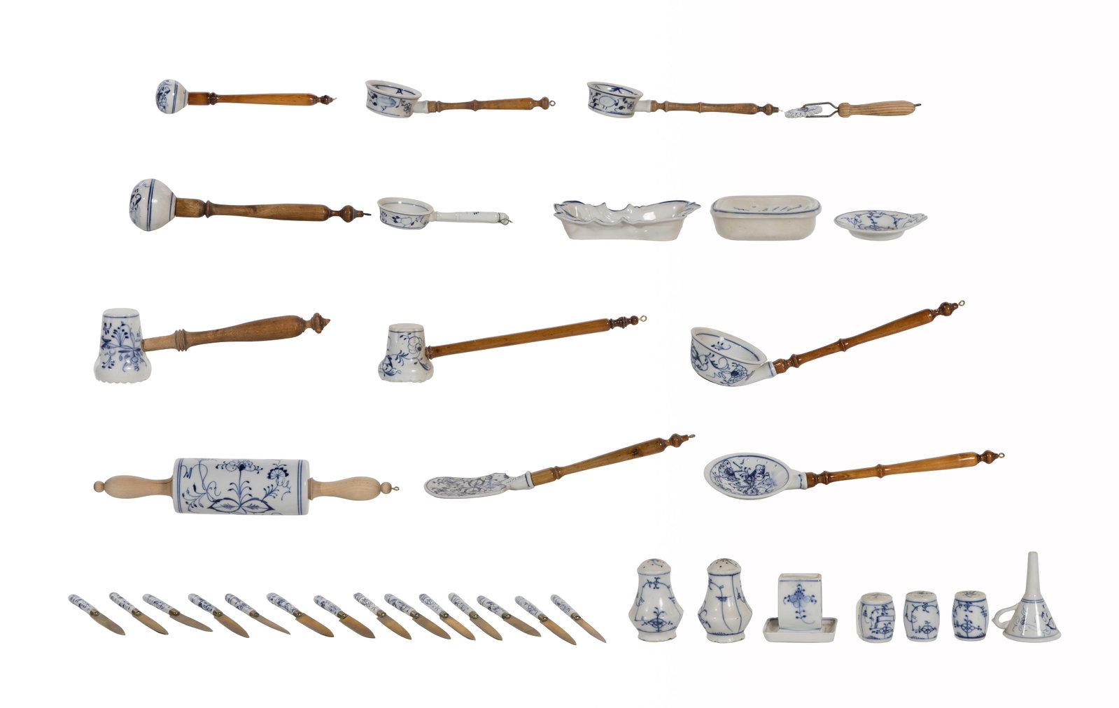 German Porcelain Assortment: German Porcelain Assortment (22) items, all blue and white, (11) cooking utensils having turned wood handles including a rolling pin, meat tenderizer hammers, mashers, strainers, a spatula, a ladle an