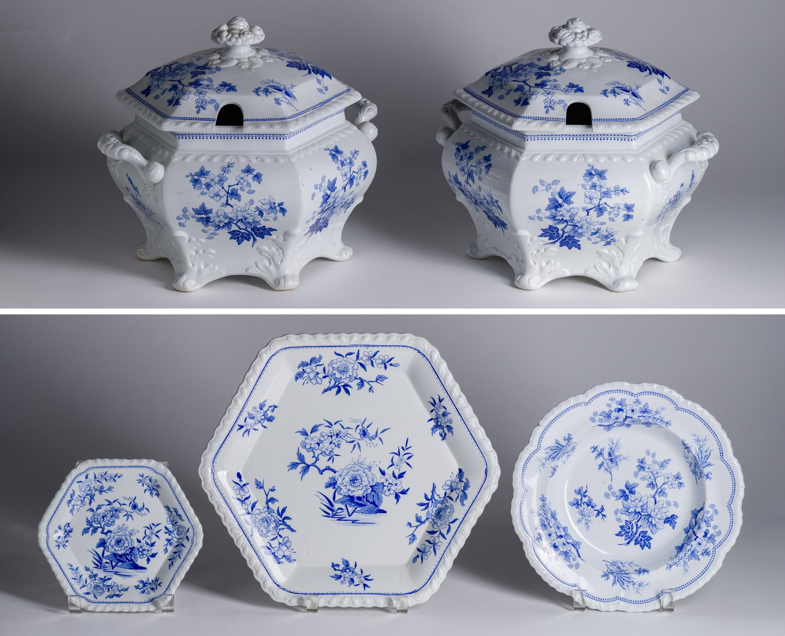 J&WR Japan Flower Staffordshire Stone China Assortment: J&WR Japan Flower Staffordshire Stone China Assortment (5) items having blue on white transfer decoration, including (2) 13-inch wide hexagonal lidded tureens, a 13-inch hexagonal plate, a 7-inch