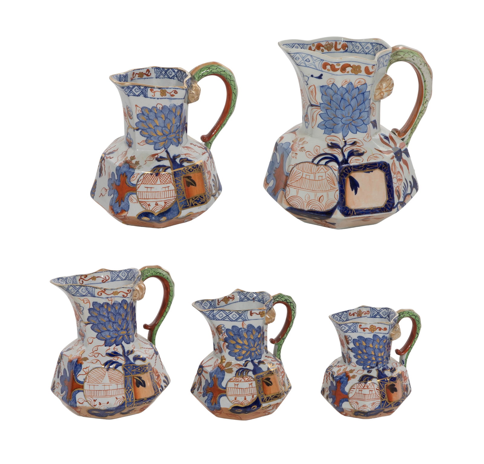 Davenport Georgian Imari Ironstone Assortment: Davenport Georgian Imari Ironstone Assortment (5) graduated octagonal ironstone pitchers having hand-painted Japanese Imari style floral patterns and snake-like hydra handles, marked 'Davenport Stone 