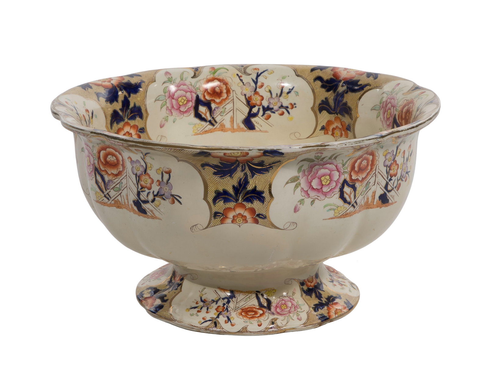 Ironstone Footed Bowl: Ironstone Footed Bowl Having hand-painted floral Imari style patterns, a scalloped rim and flared pedestal base, marked 'SIVA' on underside Property from: a Private Collector, Wheaton, Illinois