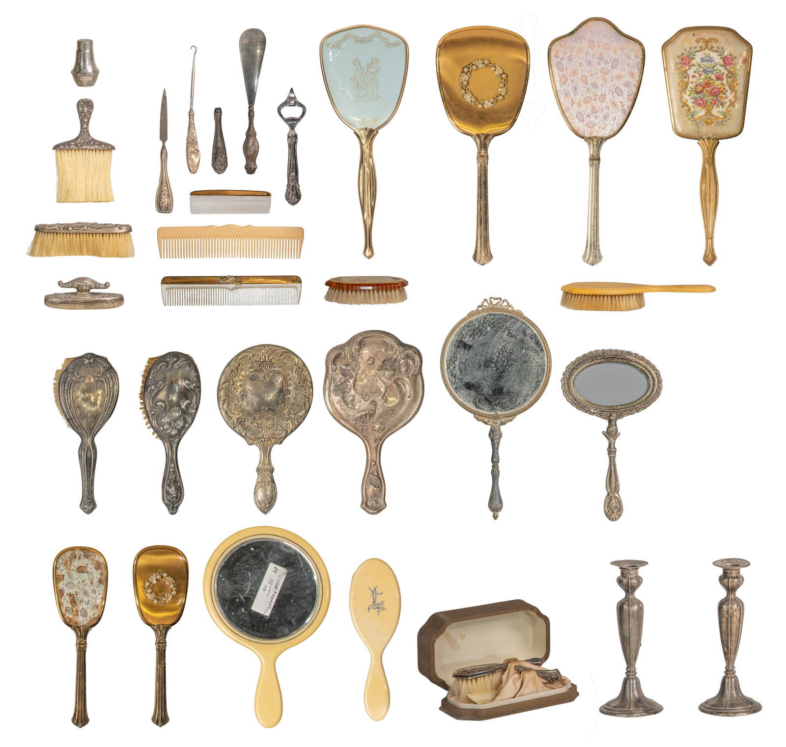 Vanity Assortment: Vanity Assortment Approximately (25) various items consisting of hair brushes, hand mirrors, hair combs, a baby grooming set and various accessories, some sterling silver noted Property from: a