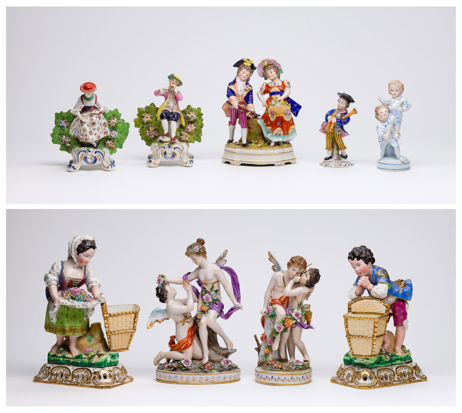 Porcelain Figurine Assortment: Porcelain Figurine Assortment (9) items including (2) French marked 'J.P.' for Jacob Petit, (2) Italian Capodimonte having crowned 'N' mark, a German Sitzendorf having cross mark emulating Meissen cro