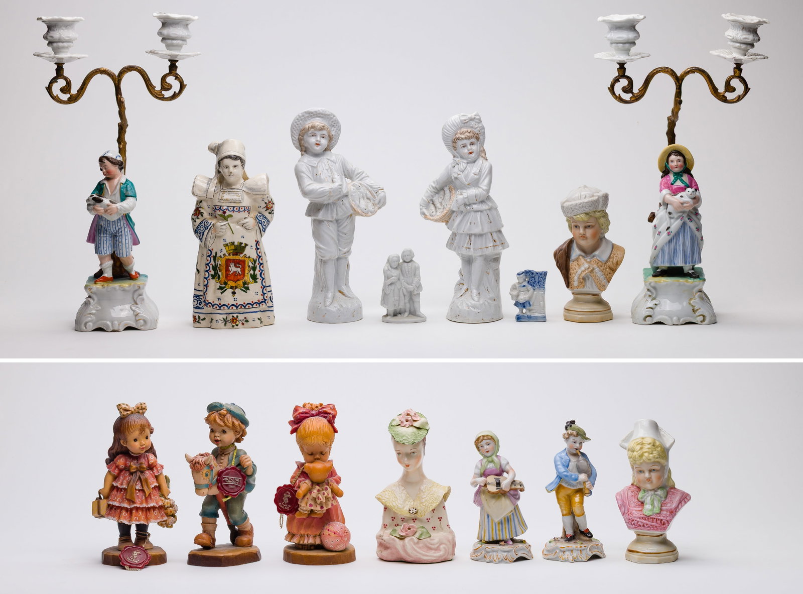 Porcelain Figurine Assortment: Porcelain Figurine Assortment (15) total items including (2) musicians having Van Schierholz marks, (2) unmarked having cast metal candelabra arms, (3) unmarked bust form and (5) unmarked white porcel