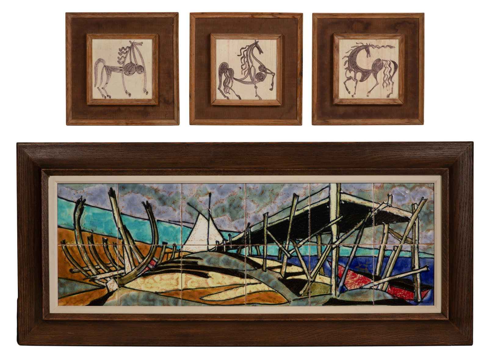Harris Strong (American, 1920-2006) Ceramic Tile Assortment: Harris Strong (American, 1920-2006) Ceramic Tile Assortment (4) hand painted and hard fired items including a vivid color seascape having twelve tiles in a single walnut frame as well as (2) horses