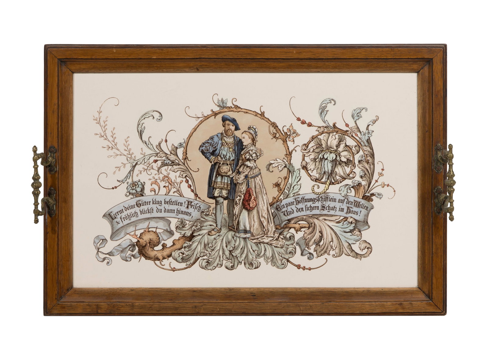 Historismus Style Ceramic Tray: Historismus Style Ceramic Tray A ceramic center plaque surrounded by a wood frame having metal handles, depicting a couple in traditional attire surrounded by Rococo style scrollwork and German phrase