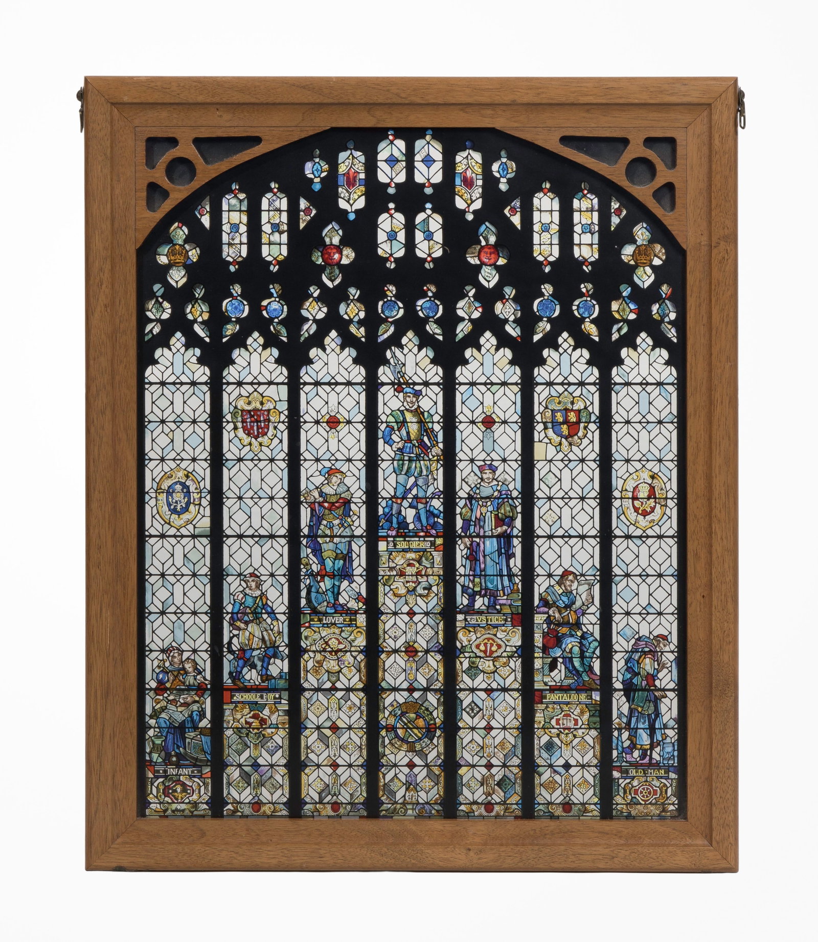 Stained Glass Style 'Seven Ages of Man' Tableau: Stained Glass Style 'Seven Ages of Man' Tableau 1987, printed colored enamels fired onto glass in a wood frame, having a signed COA, after the window in the Folger Shakespeare Library, Washington DC