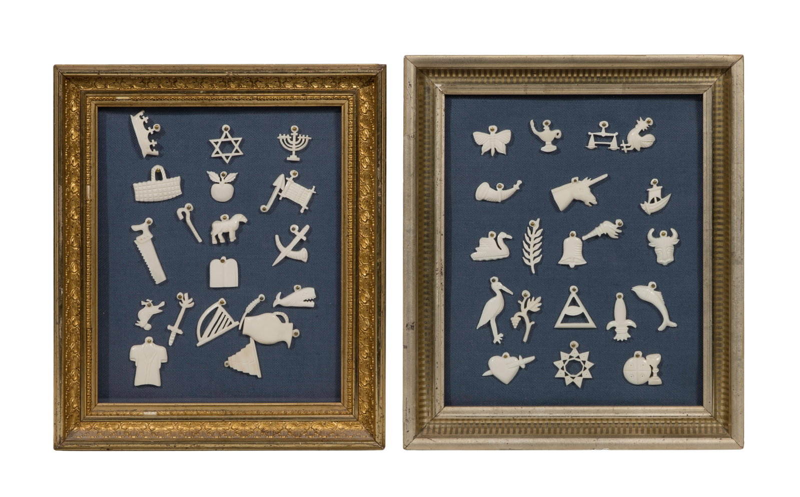 Hand Carved Bone Milagro Charm Collection: Hand Carved Bone Milagro Charm Collection (39) items including various white symbolic forms such as animals, figures and tools, mounted within two decorative painted wood frames Property from: a