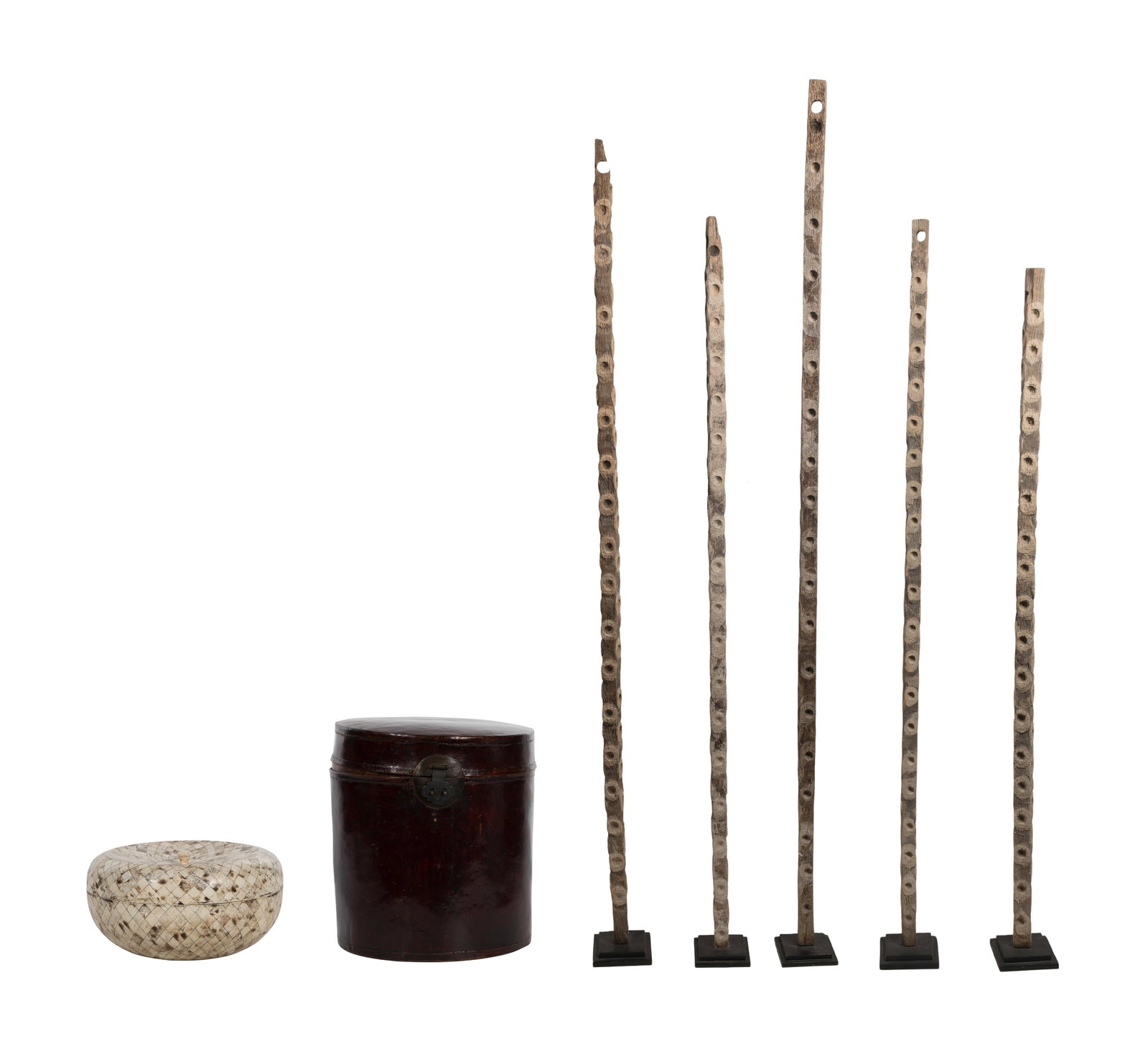 Decorative Object Assortment: Decorative Object Assortment (7) items including (5) oyster sticks having natural texture and residual lime, mounted on black metal bases, a Chinese cylindrical hat box made of lacquered leather and