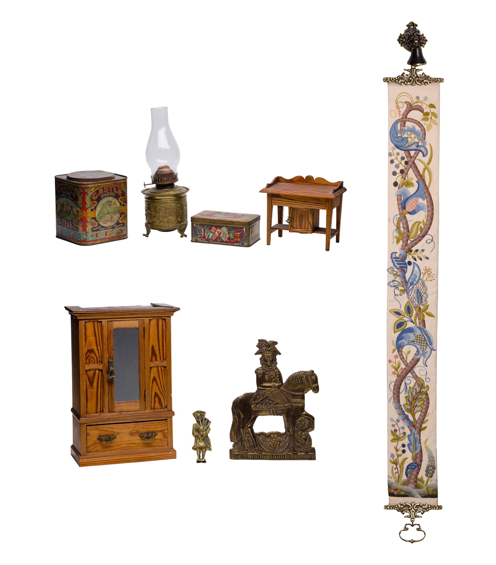 Decorative Object Assortment: Decorative Object Assortment (8) items including a crewel embroidery bell pull featuring a Jacobean style tree of life design, signed on backside, a tea canister, a hinged biscuit box, a miniature