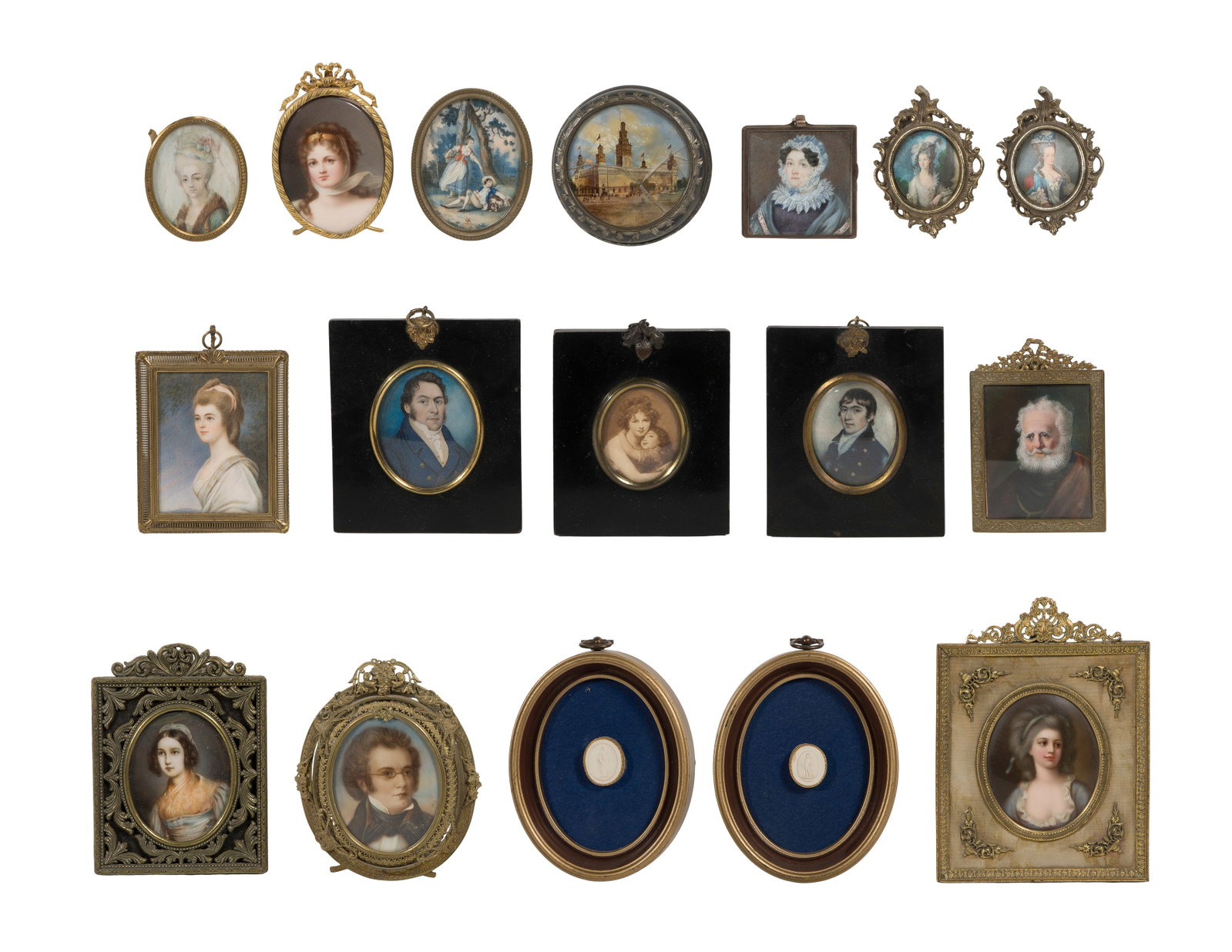 Portrait Miniature Assortment: Portrait Miniature Assortment (16) items of various shapes, sizes, subjects and materials including portraits of men, woman, children and buildings Property from: a Private Collector, Wheaton,
