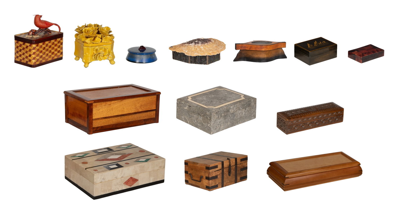 Decorative Box Assortment: Decorative Box Assortment (13) items of various shapes, sizes and designs in ceramic, stone and wood Property from: a Private Collector, Chesterton, Indiana Height: 9 inches, Width: 13 inches, Depth: