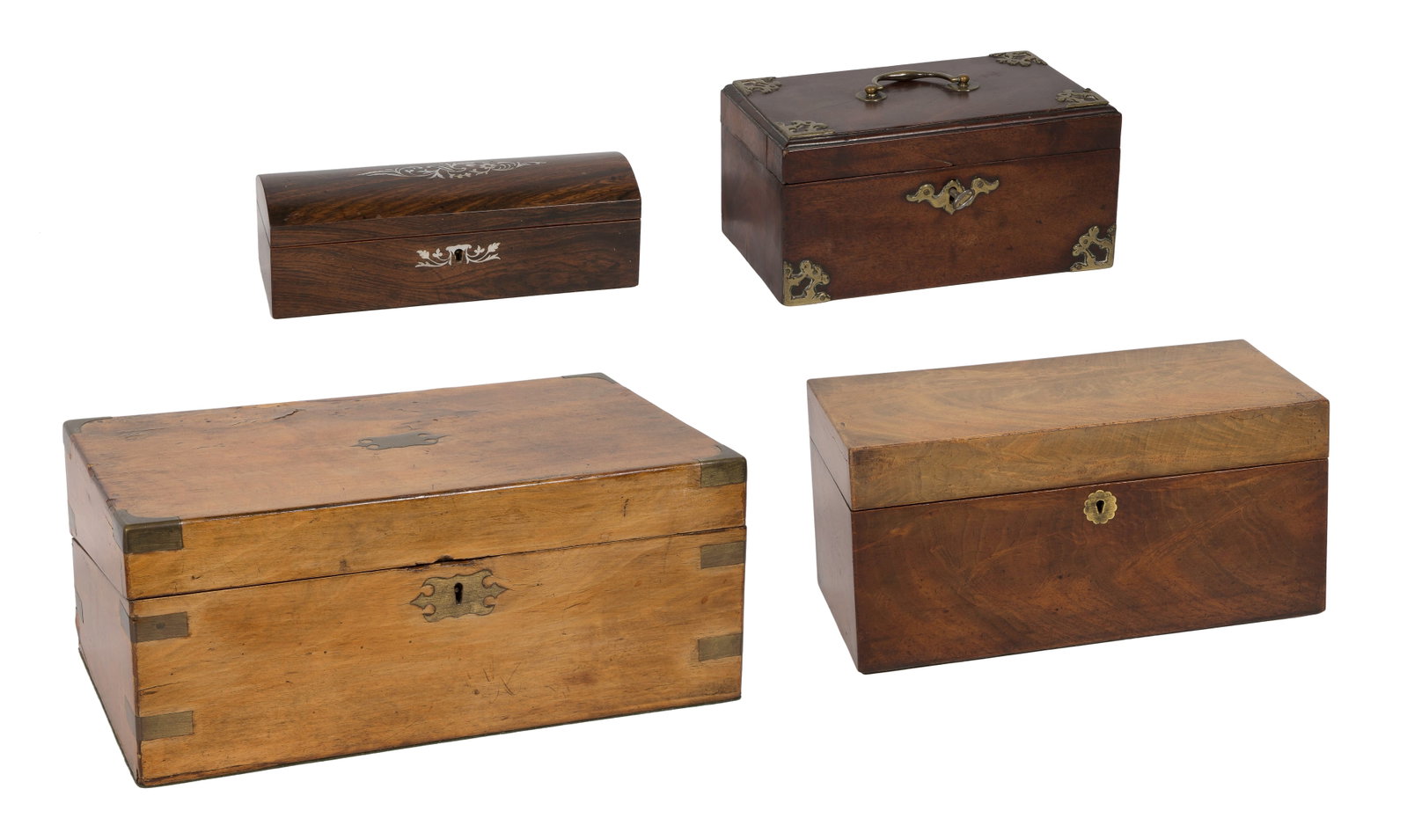 Wooden Lap Desk and Box Assortment: Wooden Lap Desk and Box Assortment (4) items including a brass-accented lap desk opening to a leather writing surface and pigeon holes, a brass-accented tea caddy having two metal-lined compartments a